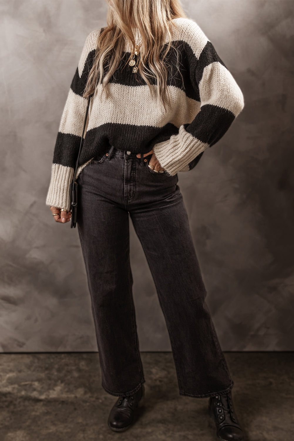 Color Block Round Neck Sweater-Angel Casuals