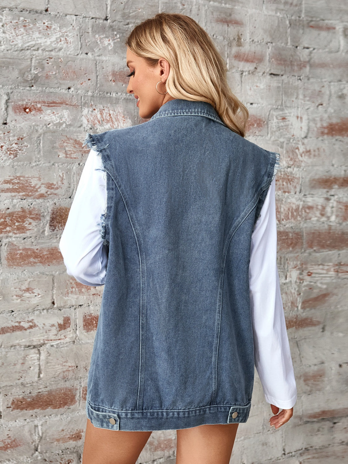 Raw Hem Sleeveless Button Up Denim Jacket-Angel Casuals