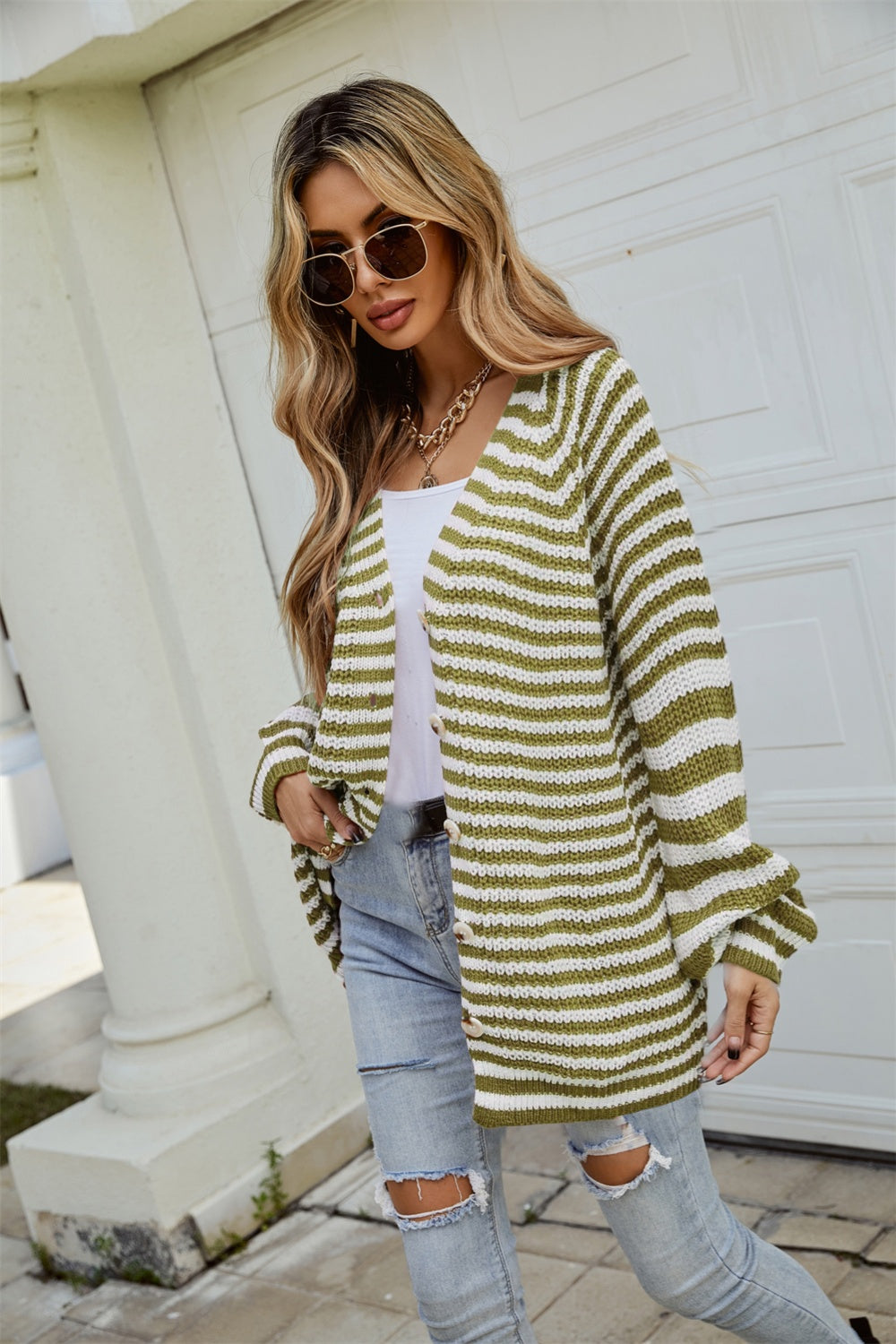 Angel Wings Striped Button Up Long Sleeve Cardigan-Angel Casuals