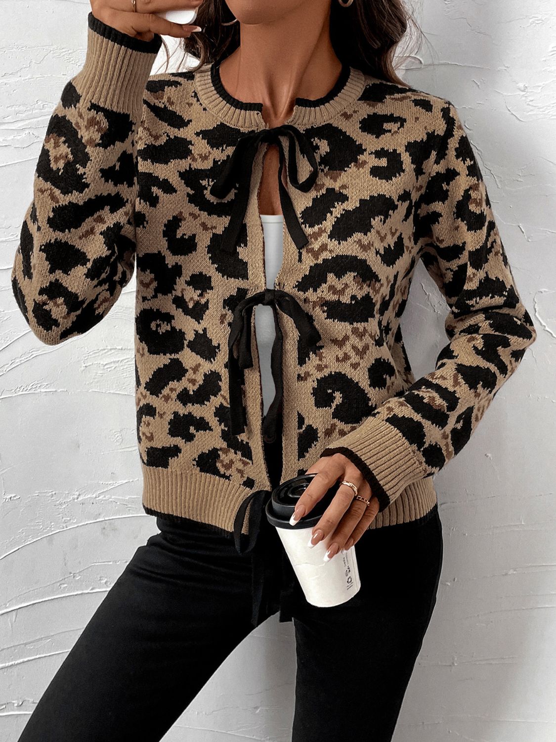 Perfee Tied Leopard Long Sleeve Cardigan-Angel Casuals