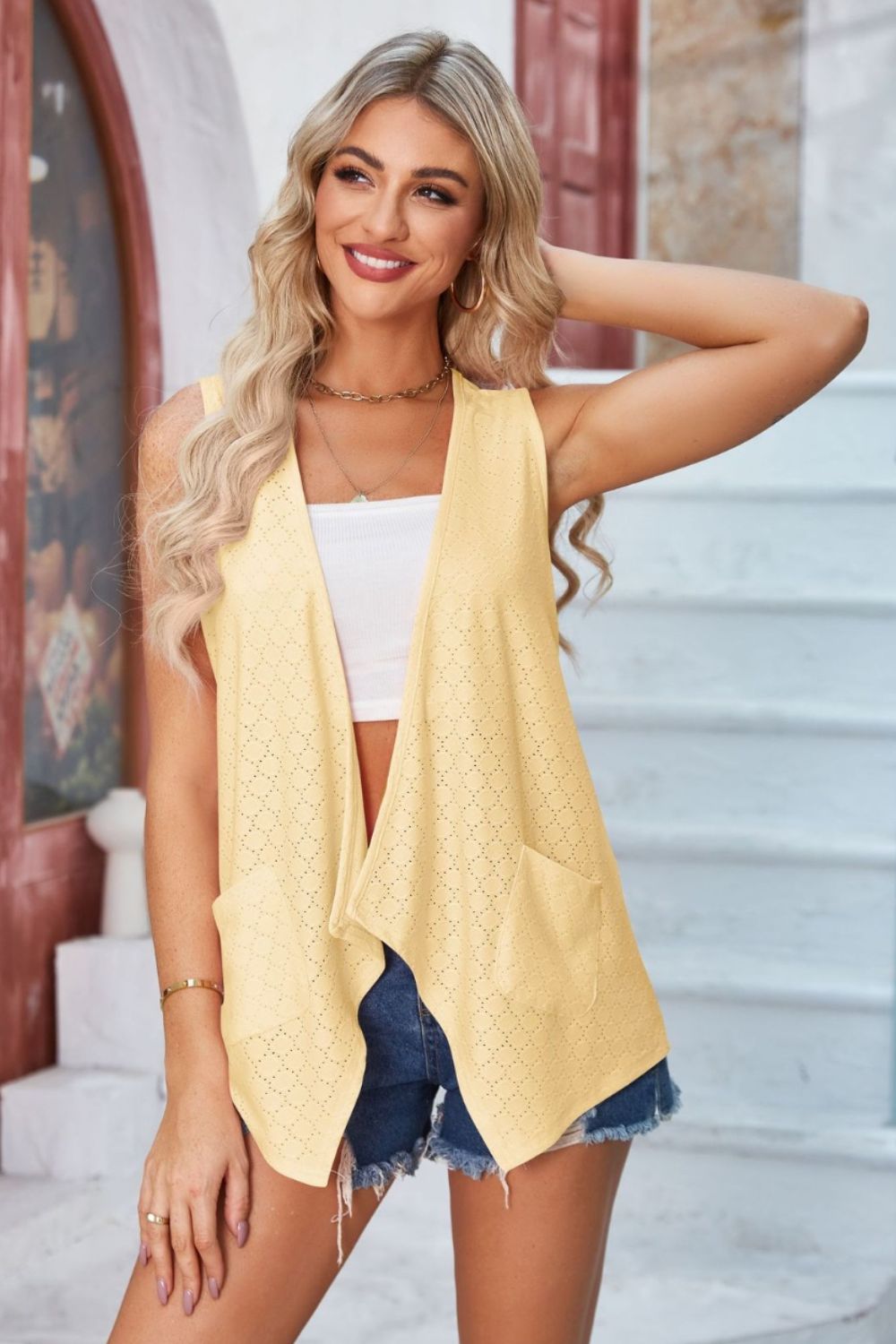 Eyelet Open Front Sleeveless Cardigan-Angel Casuals
