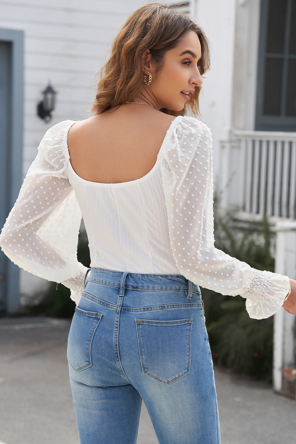 Swiss Dot Flounce Sleeve Square Neck Bodysuit-Angel Casuals