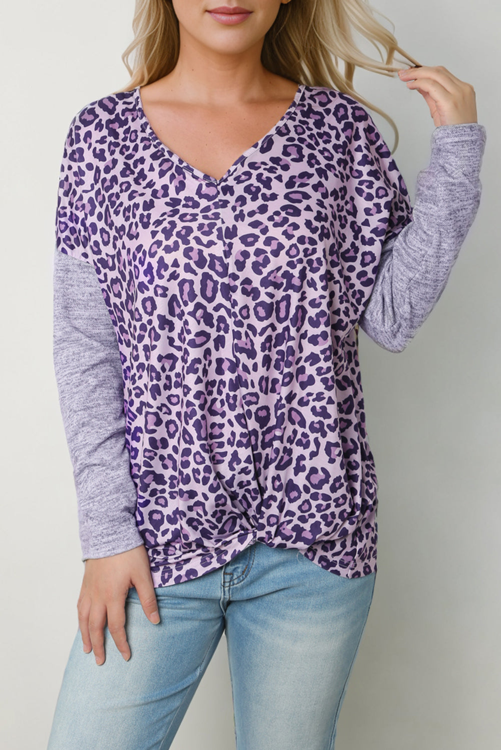 Leopard V-Neck Long Sleeve T-Shirt-Angel Casuals