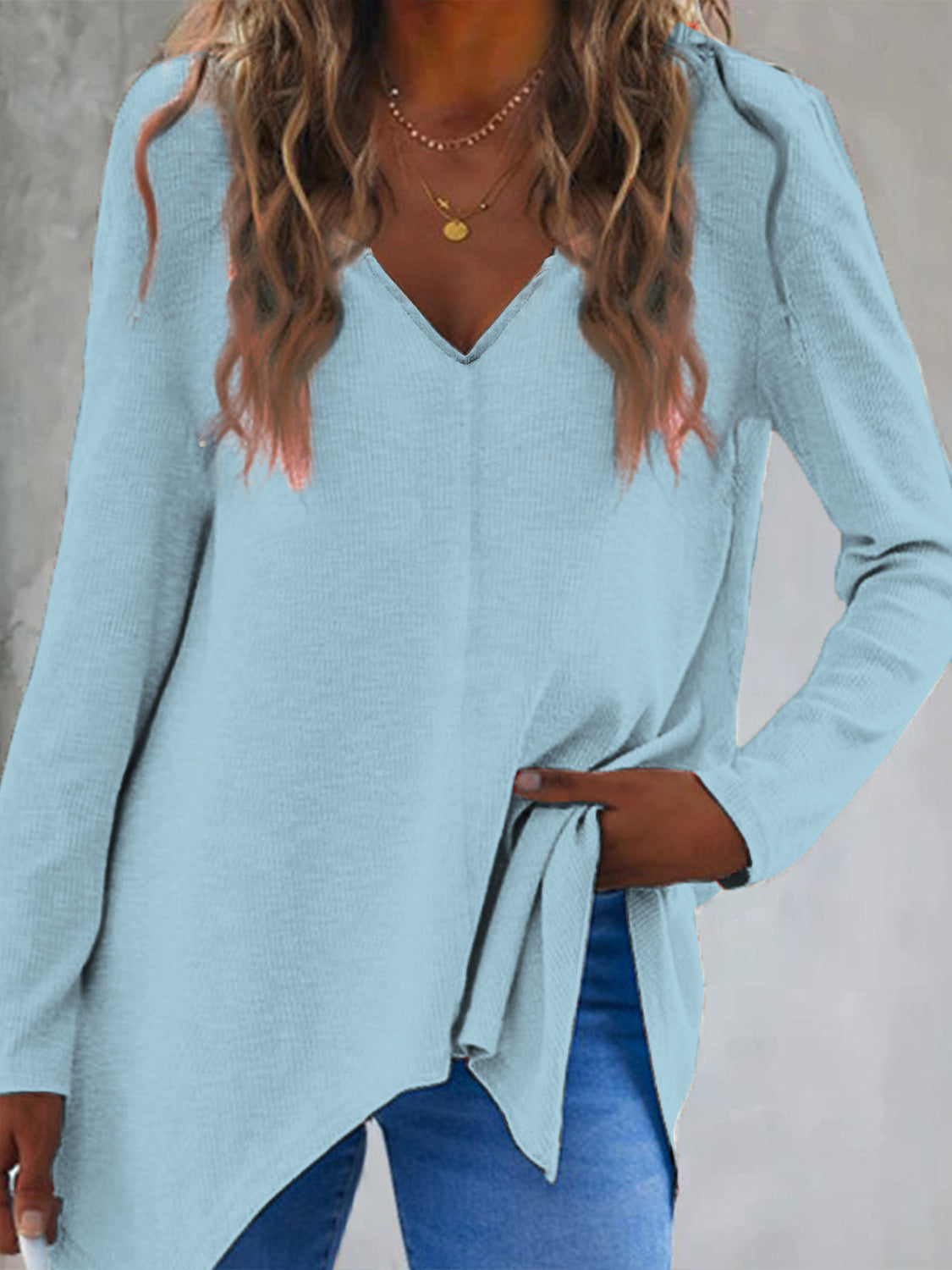 Full Size V-Neck Long Sleeve T-Shirt-Angel Casuals