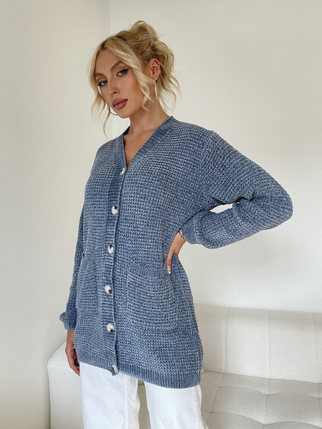 Pocketed V-Neck Button Up Cardigan-Angel Casuals