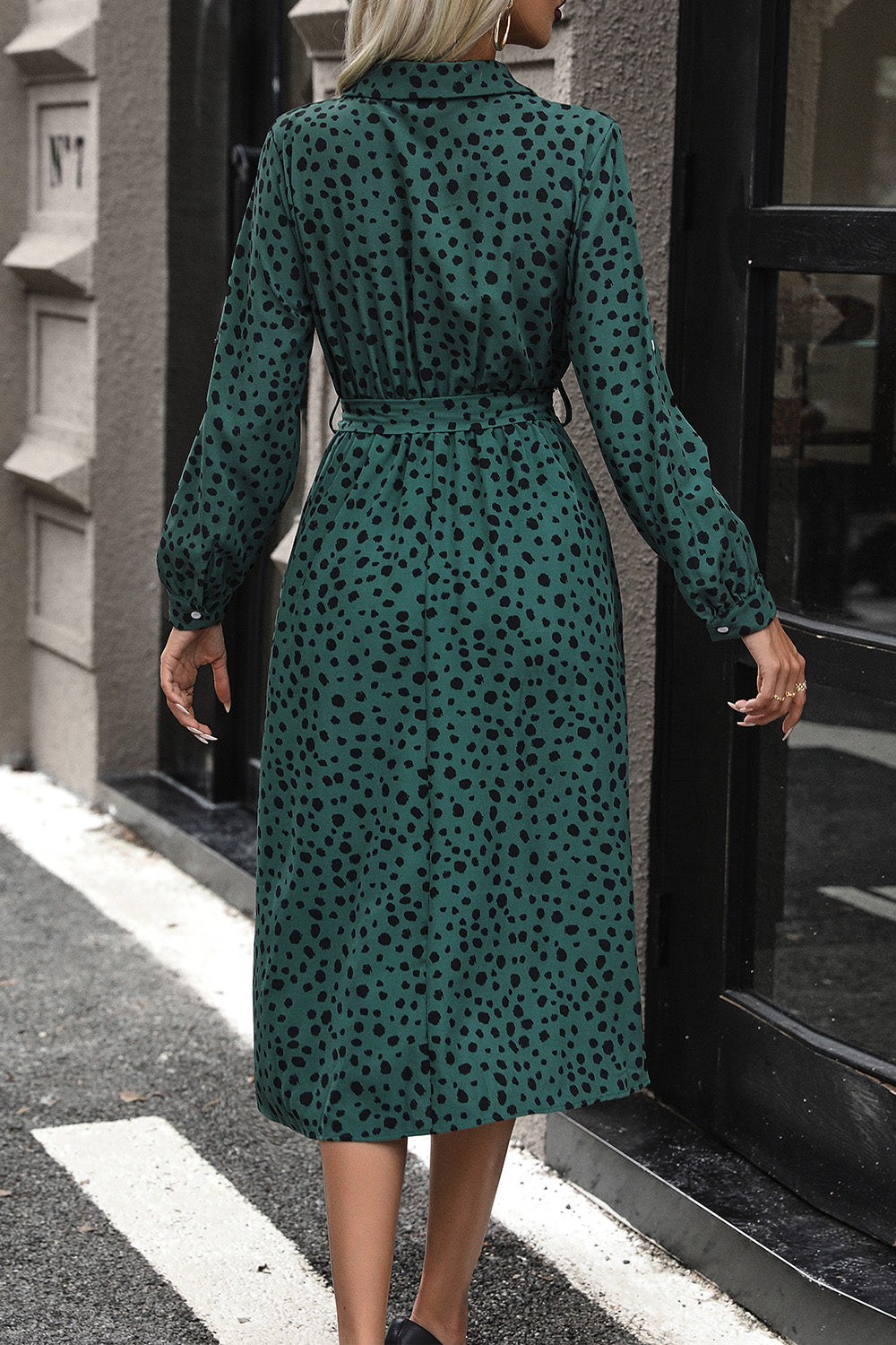 Printed Belted Long Sleeve Midi Dress-Angel Casuals