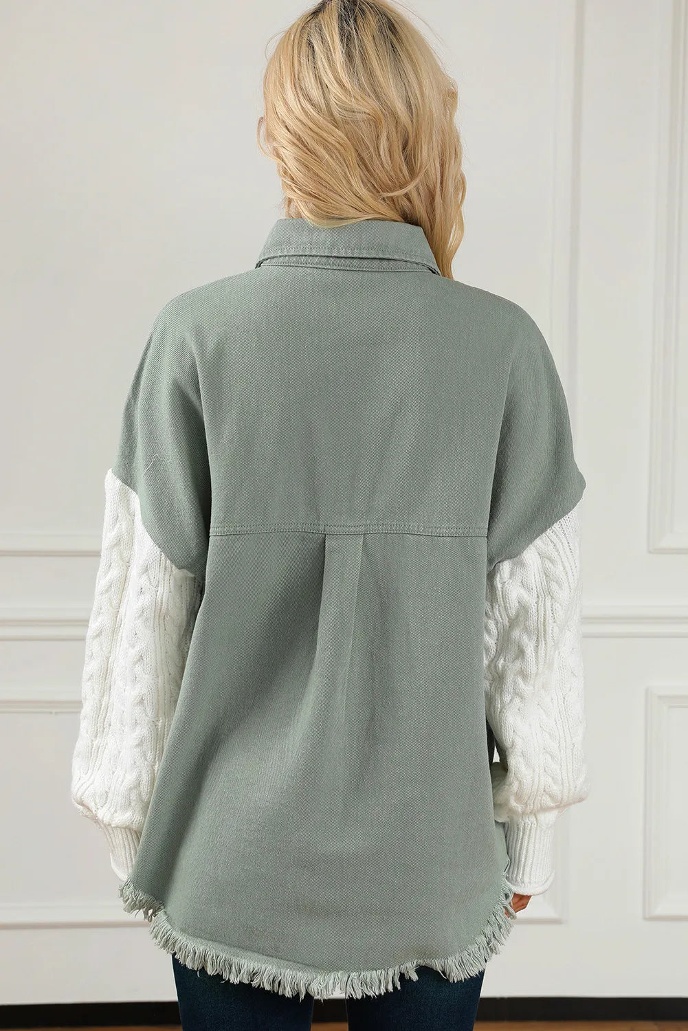 Raw Hem Collared Neck Button Up Long Sleeve Jacket-Angel Casuals