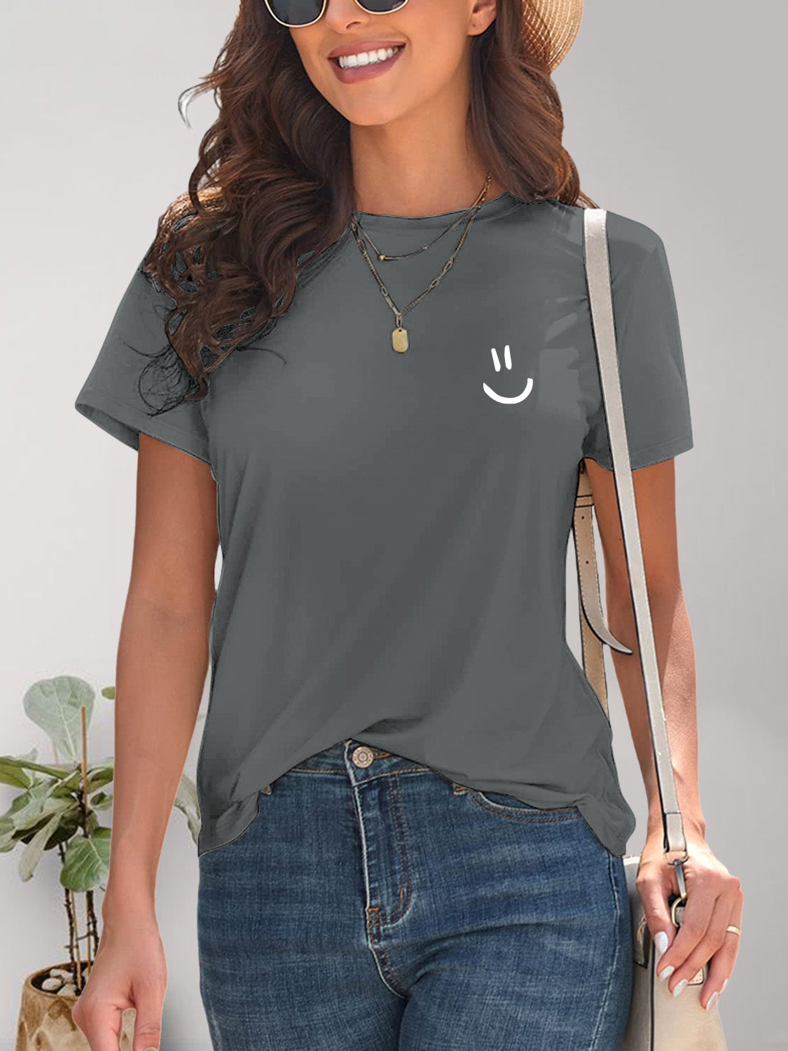 Smile Graphic Round Neck Short Sleeve T-Shirt-Angel Casuals