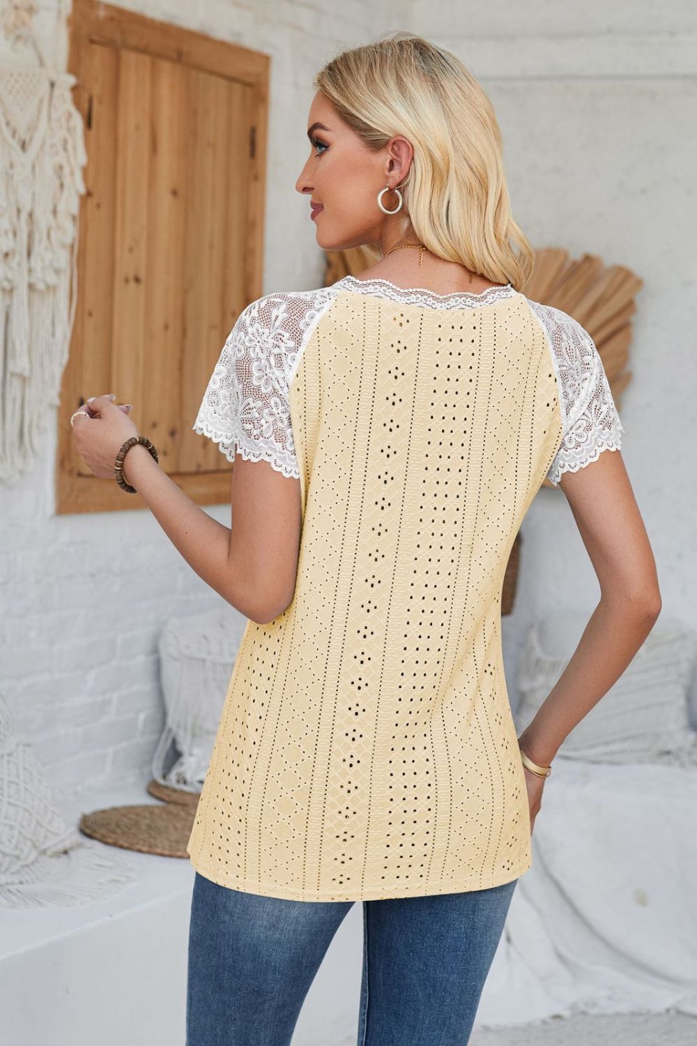 Eyelet V-Neck Lace Short Sleeve T-Shirt-Angel Casuals