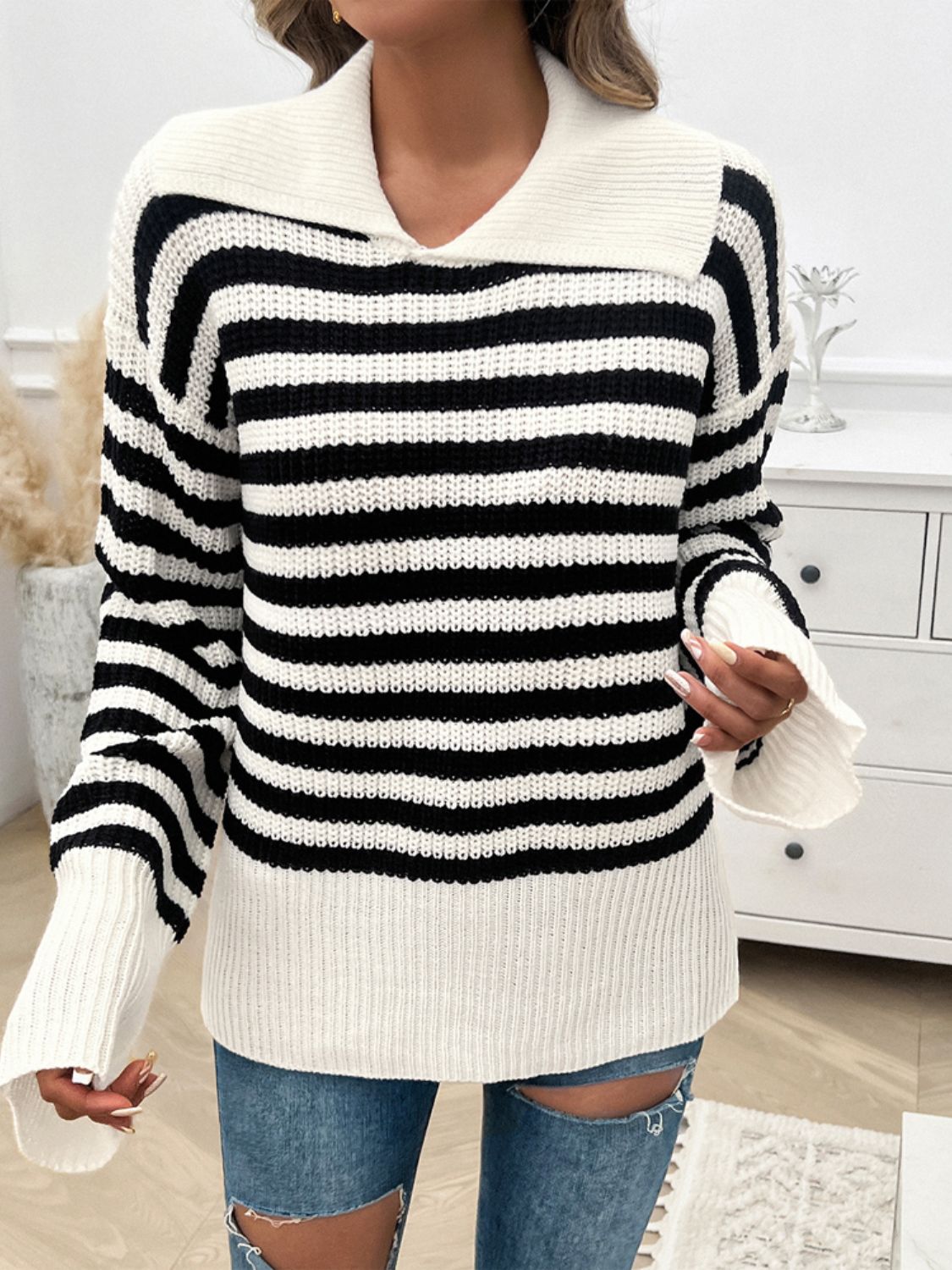 Devine Striped Collared Neck Long Sleeve Sweater-Angel Casuals