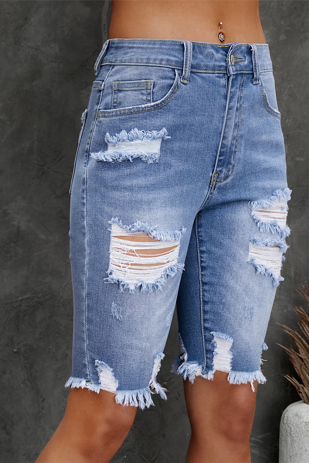 Distressed Frayed Hem Denim Bermuda Shorts-Angel Casuals