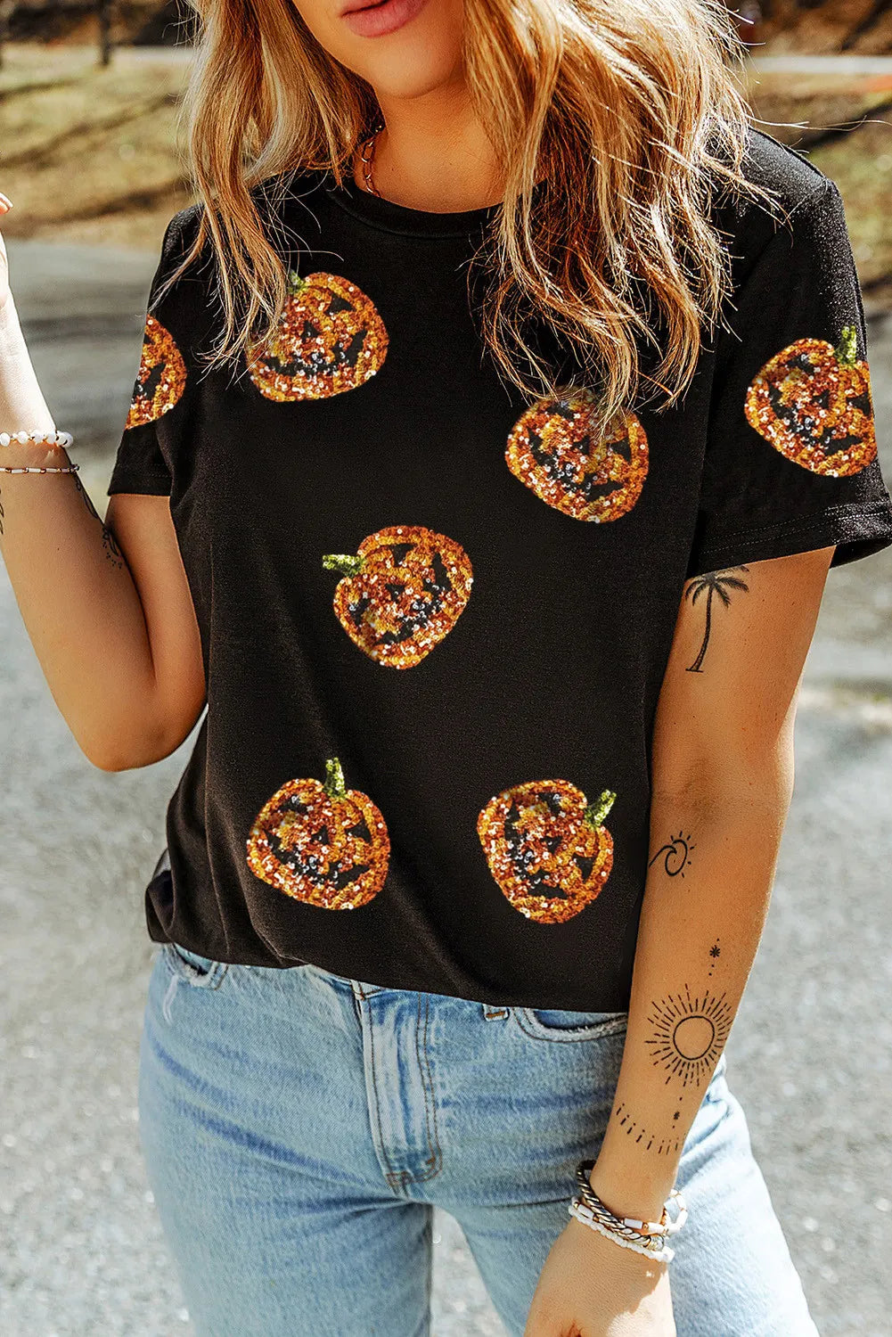 Sequin Pumpkin Round Neck Short Sleeve T-Shirt-Angel Casuals
