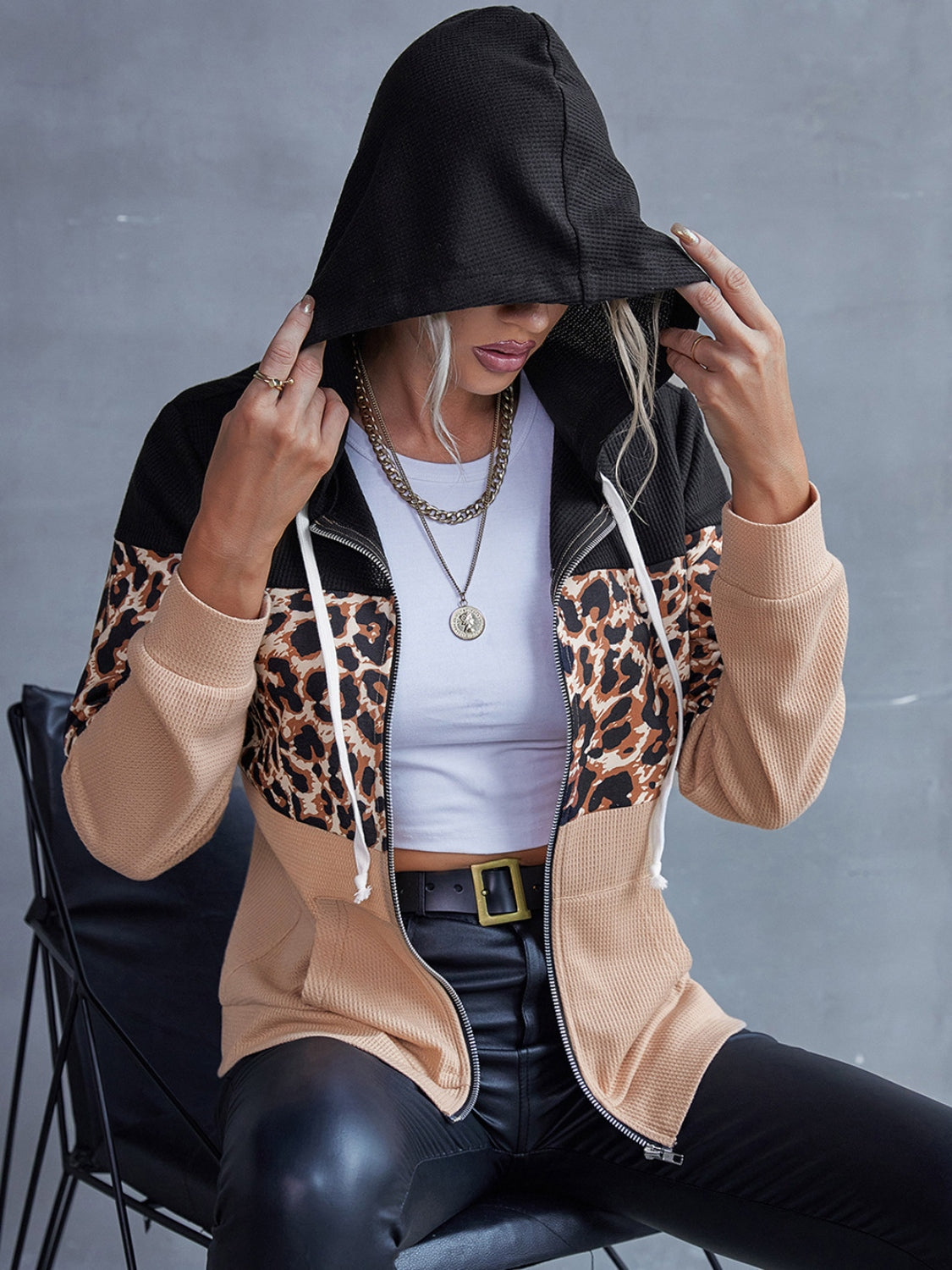 Ivy Lane Drawstring Leopard Zip Up Hooded Jacket-Angel Casuals