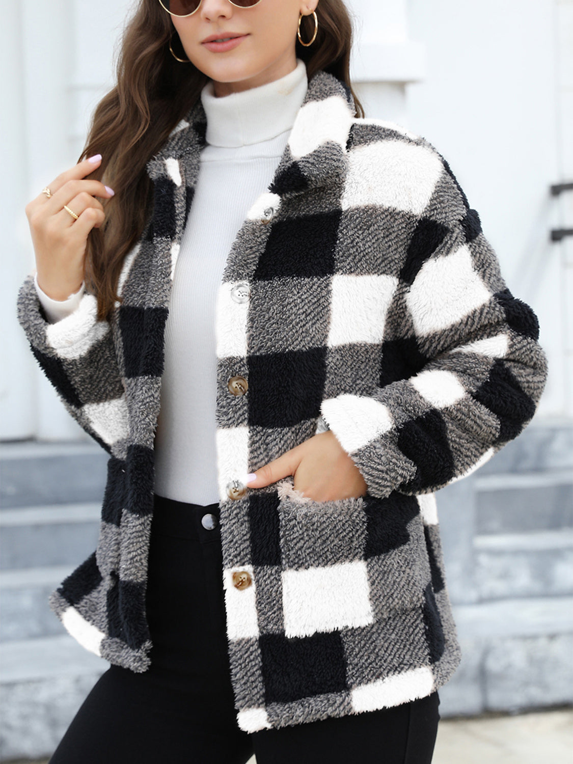 Button Up Drop Shoulder Fuzzy Jacket-Angel Casuals
