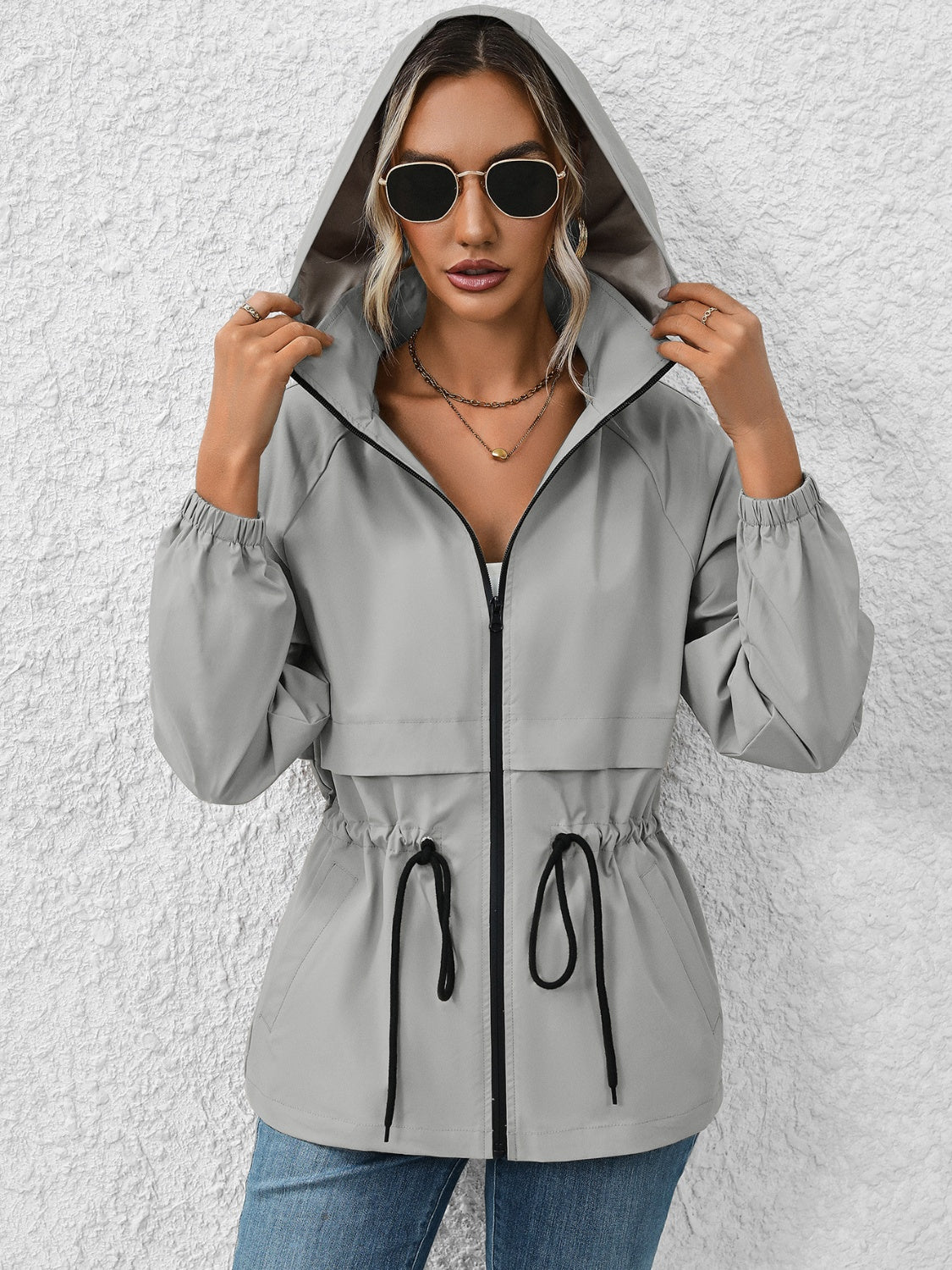 Ivy Lane Drawstring Zip Up Hooded Jacket-Angel Casuals