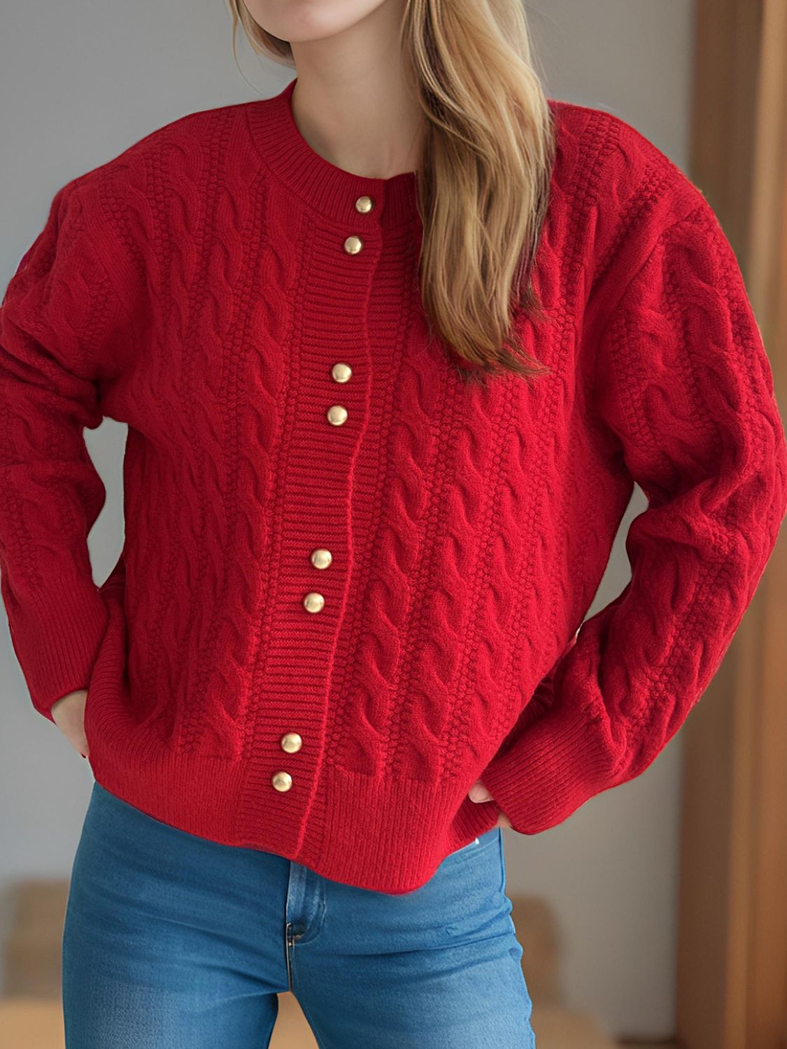 Cable-Knit Round Neck Long Sleeve Cardigan-Angel Casuals