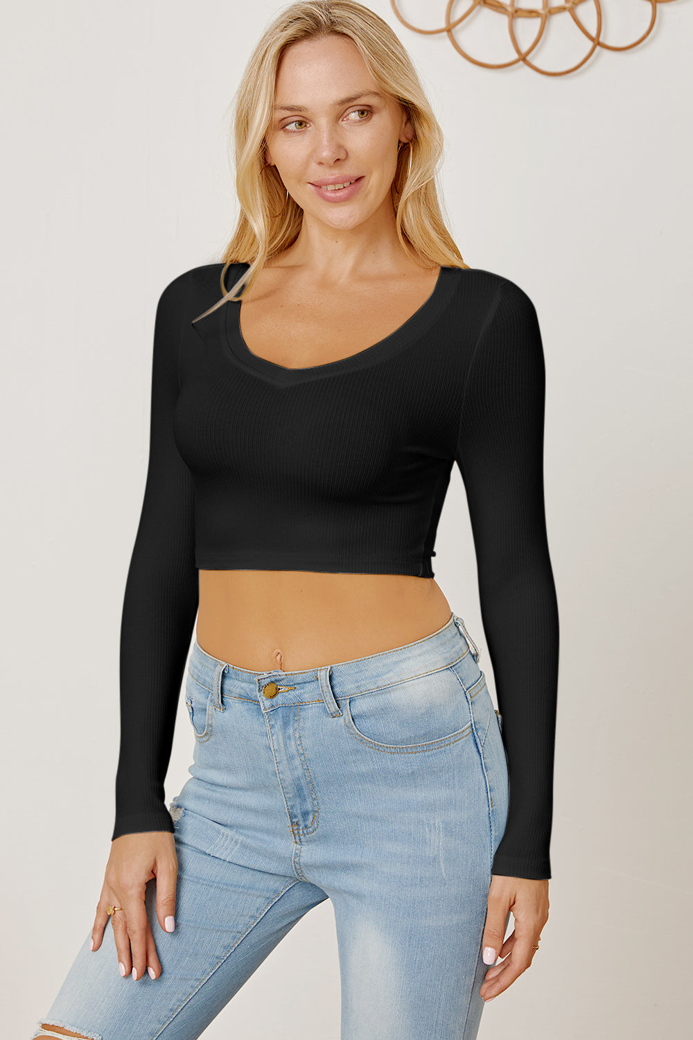 Round Neck Long Sleeve Cropped T-Shirt-Angel Casuals