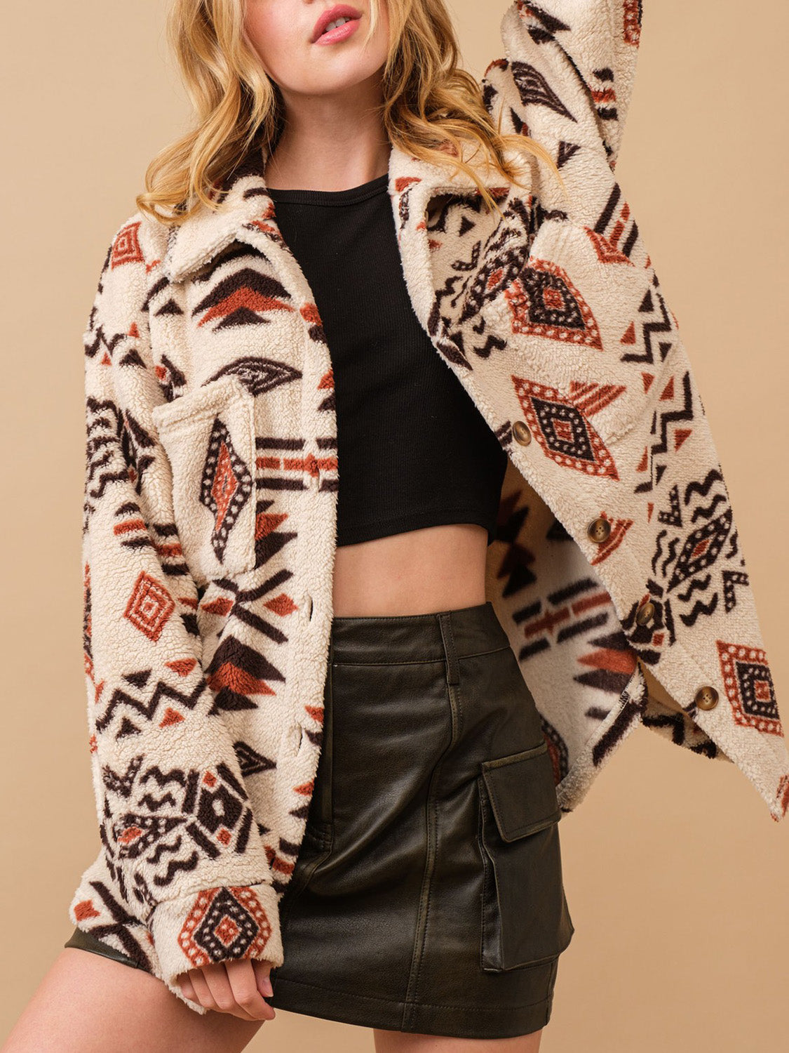 Geometric Button Up Long Sleeve Sherpa Jacket-Angel Casuals