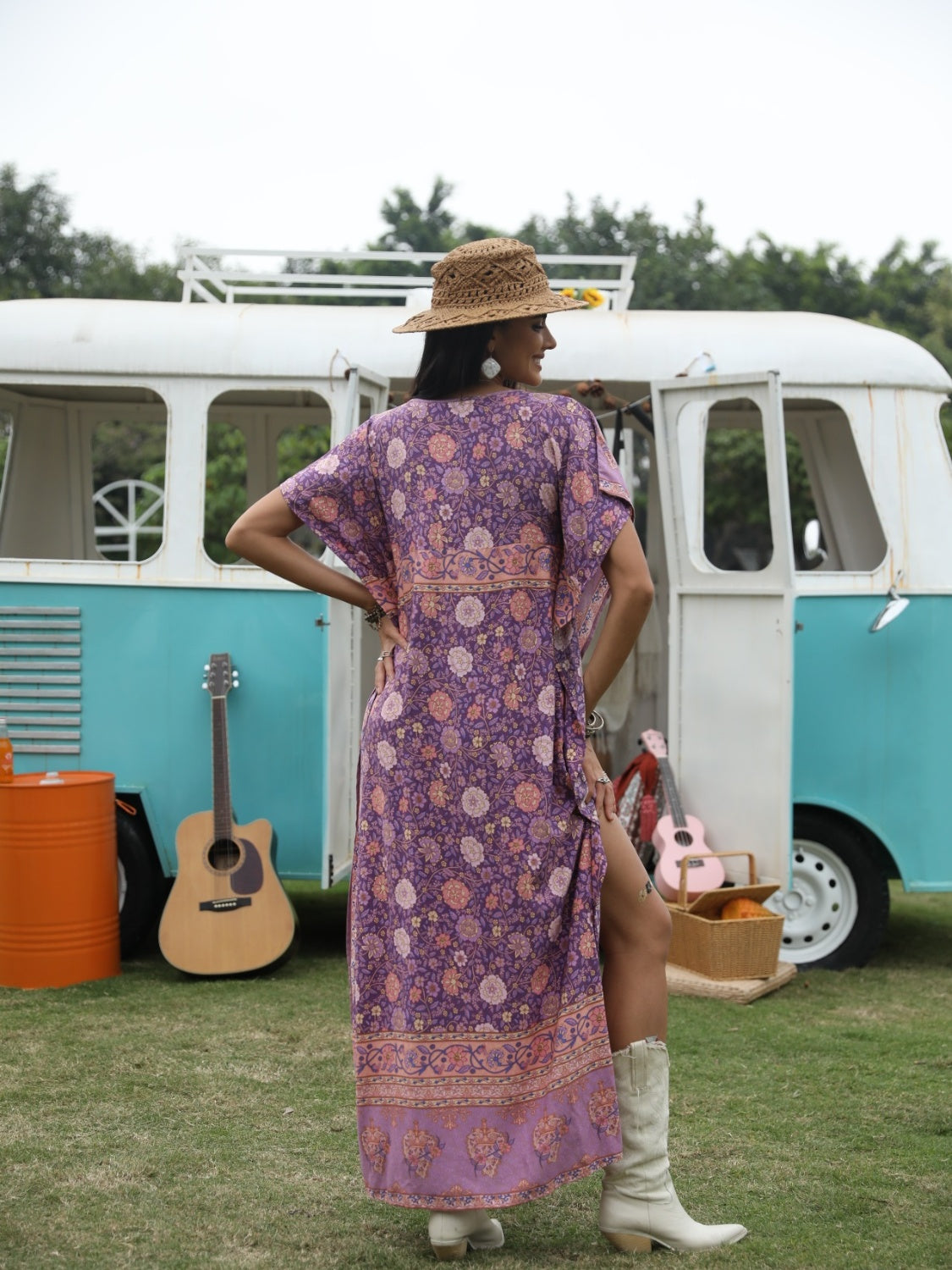 Printed Tie Neck Short Sleeve Dress-Angel Casuals