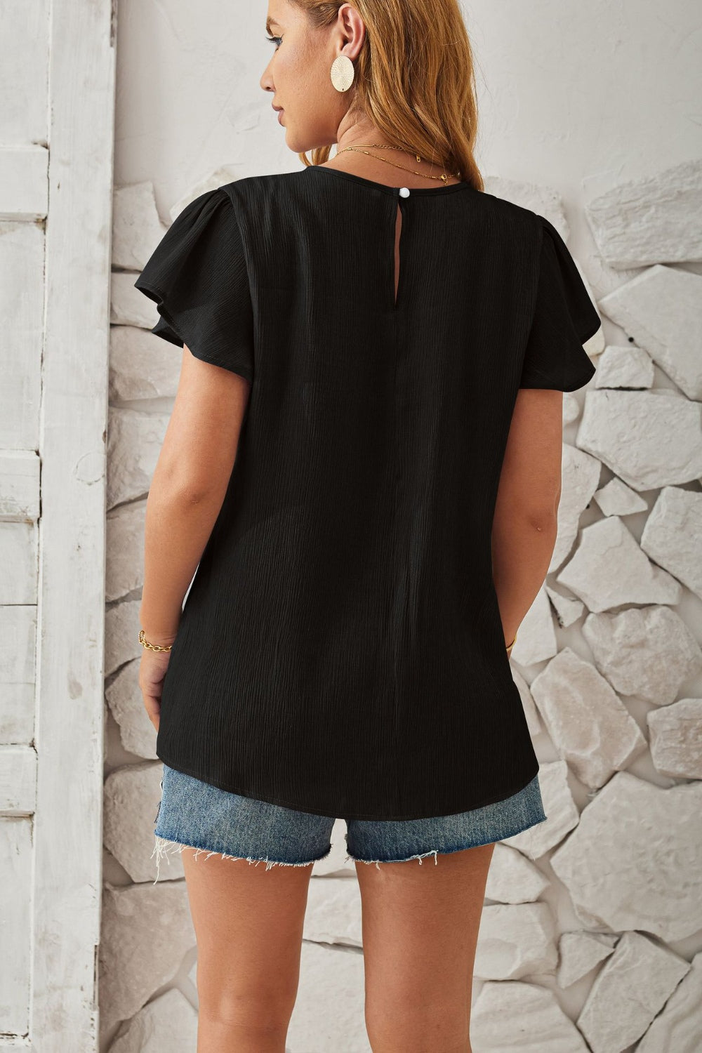 Round Neck Keyhole Cap Sleeve T-Shirt-Angel Casuals
