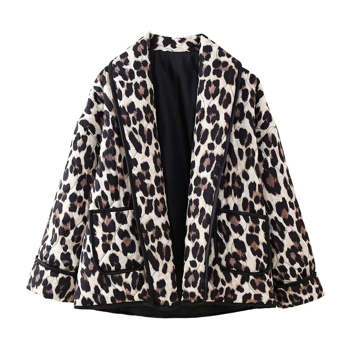 Leopard Open Front Long Sleeve Outerwear-Angel Casuals