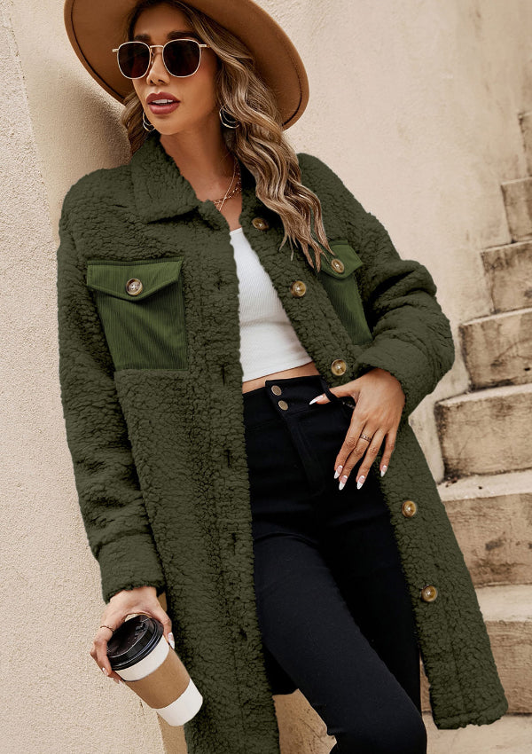 Collared Neck Long Sleeve Longline Teddy Jacket-Angel Casuals