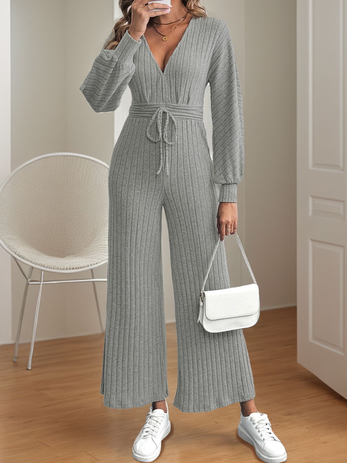 V-Neck Long Sleeve Wide Leg Jumpsuit-Angel Casuals