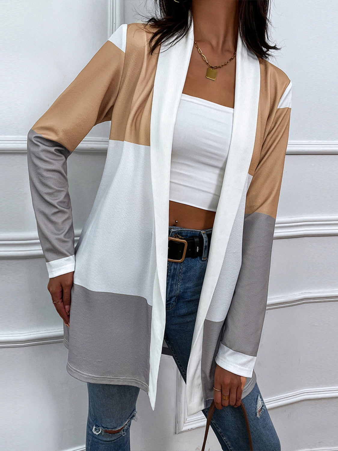 Shiny Color Block Open Front Cardigan-Angel Casuals