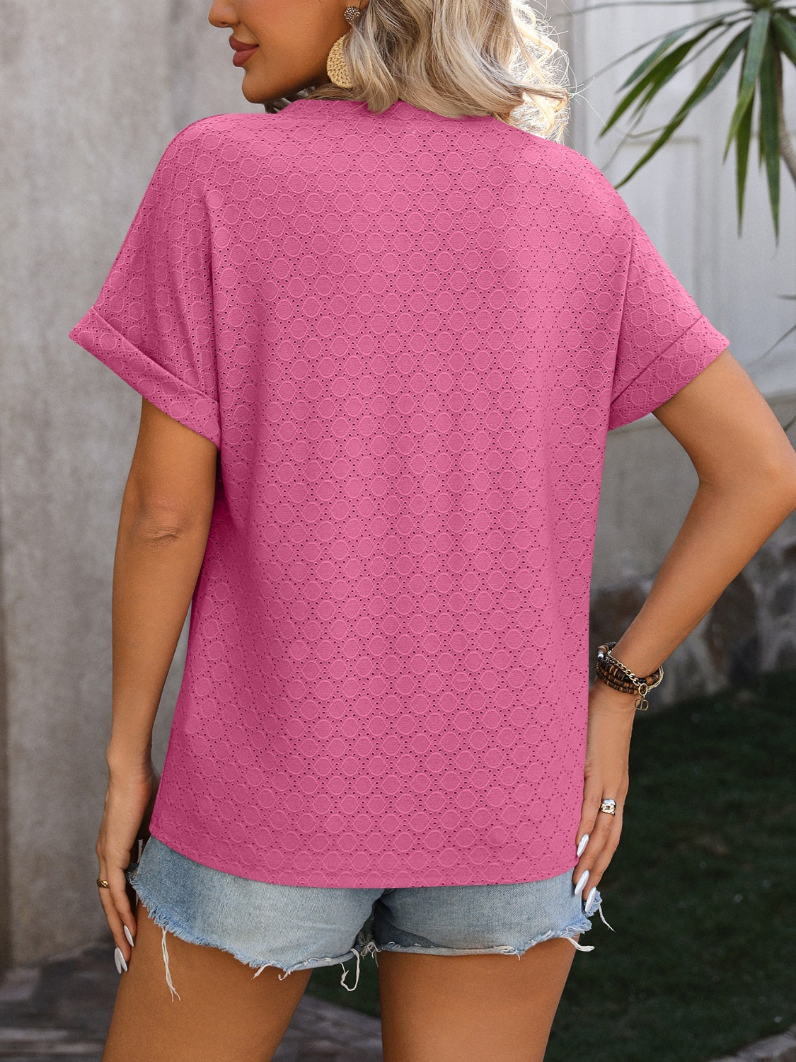 Eyelet Notched Short Sleeve T-Shirt-Angel Casuals