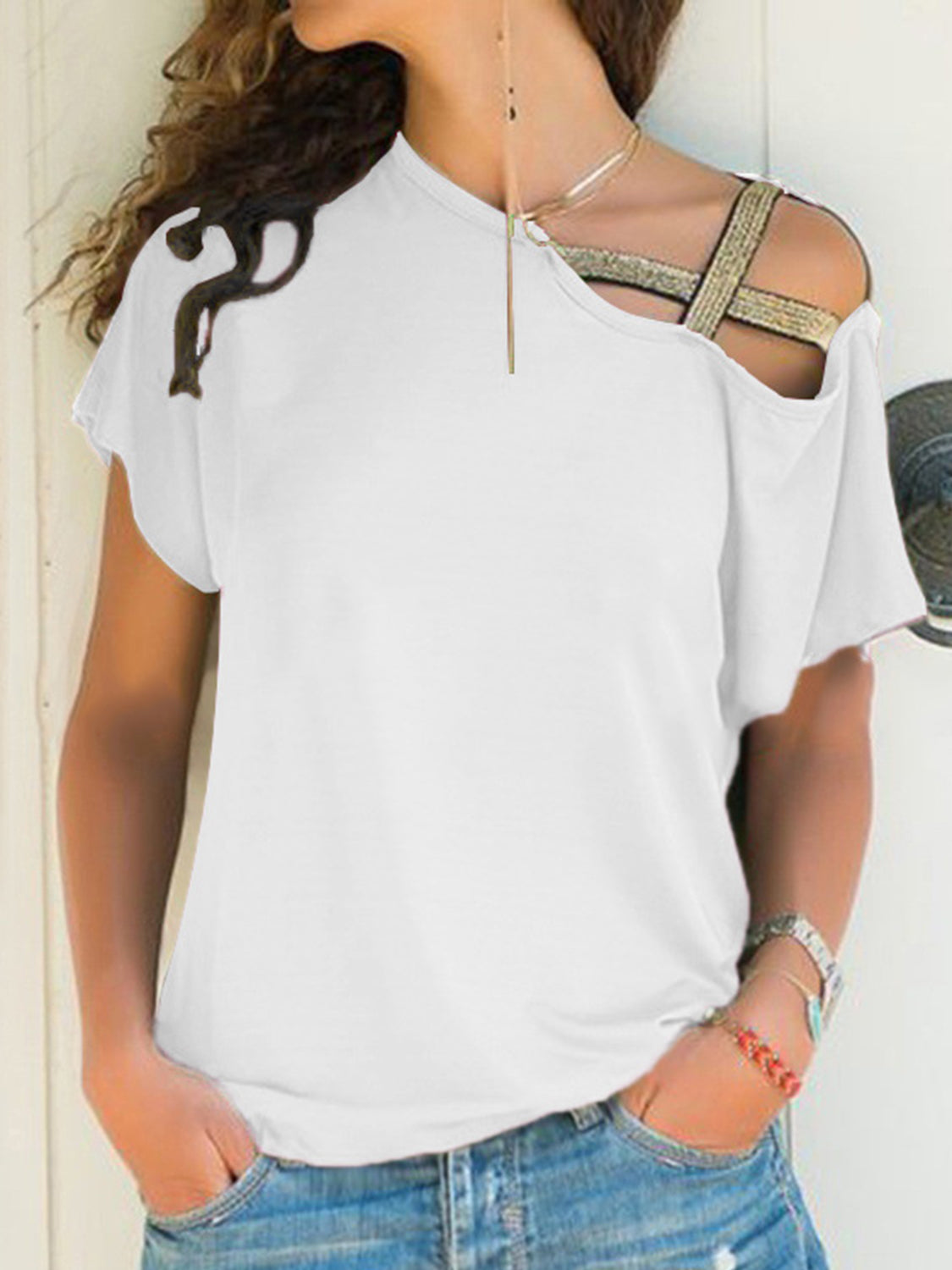 Asymmetrical Neck Short Sleeve T-Shirt-Angel Casuals