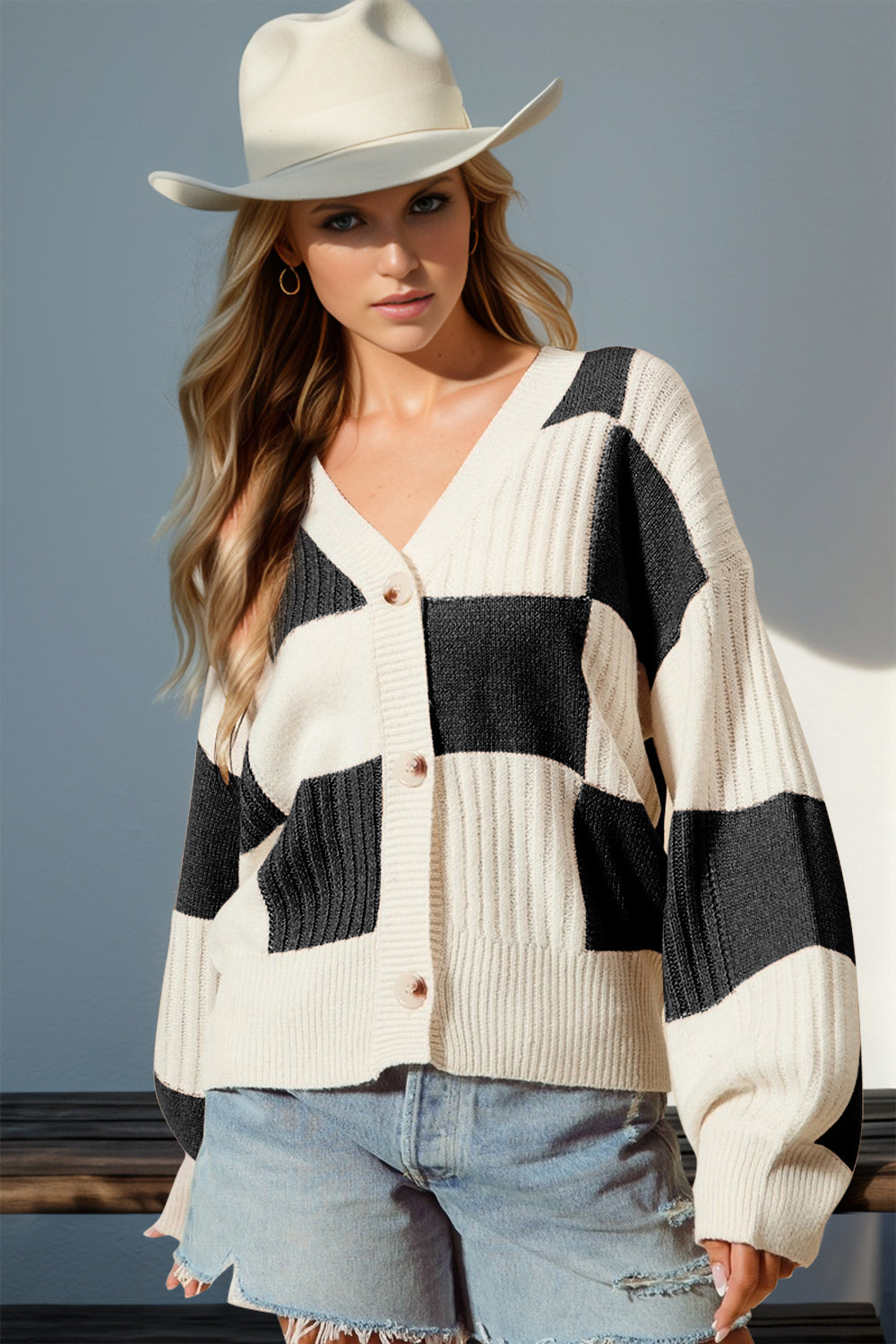 Double Take Full Size Checkered Dropped Shoulder Cardigan-Angel Casuals