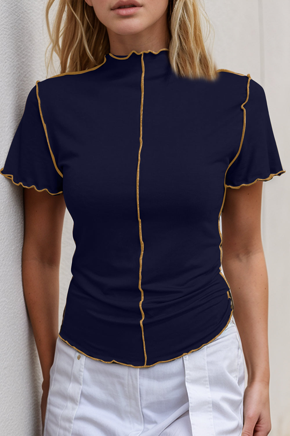 Basic Bae Contrast Trim Mock Neck Short Sleeve T-Shirt-Angel Casuals