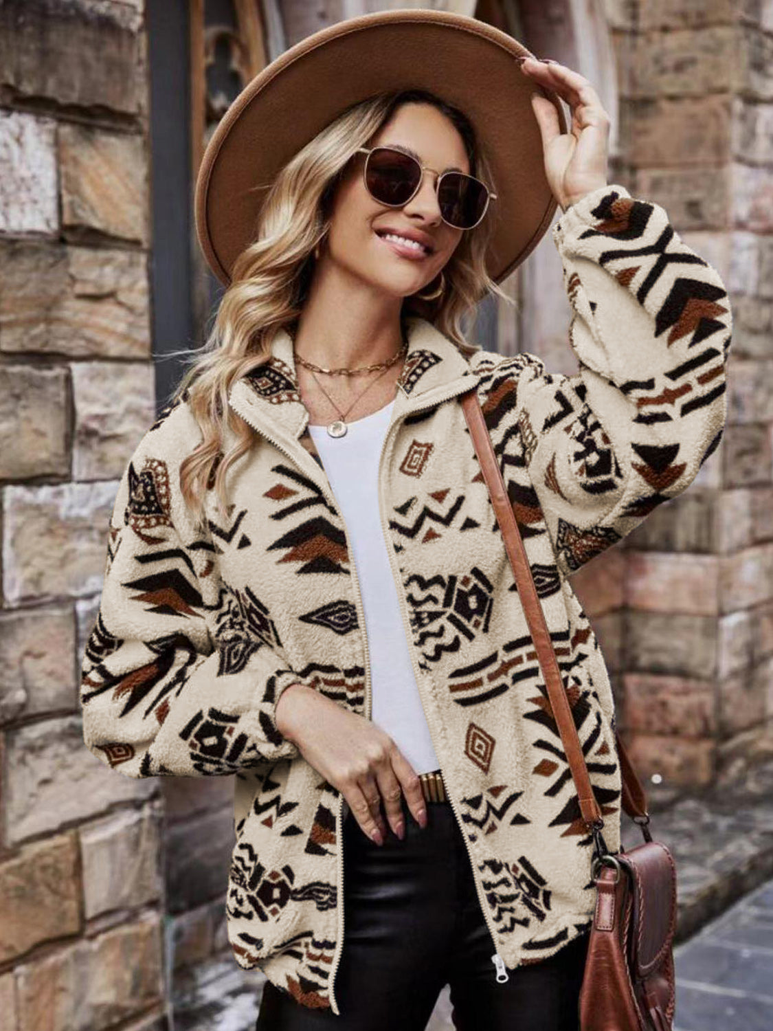 Geometric Zip Up Long Sleeve Outerwear-Angel Casuals