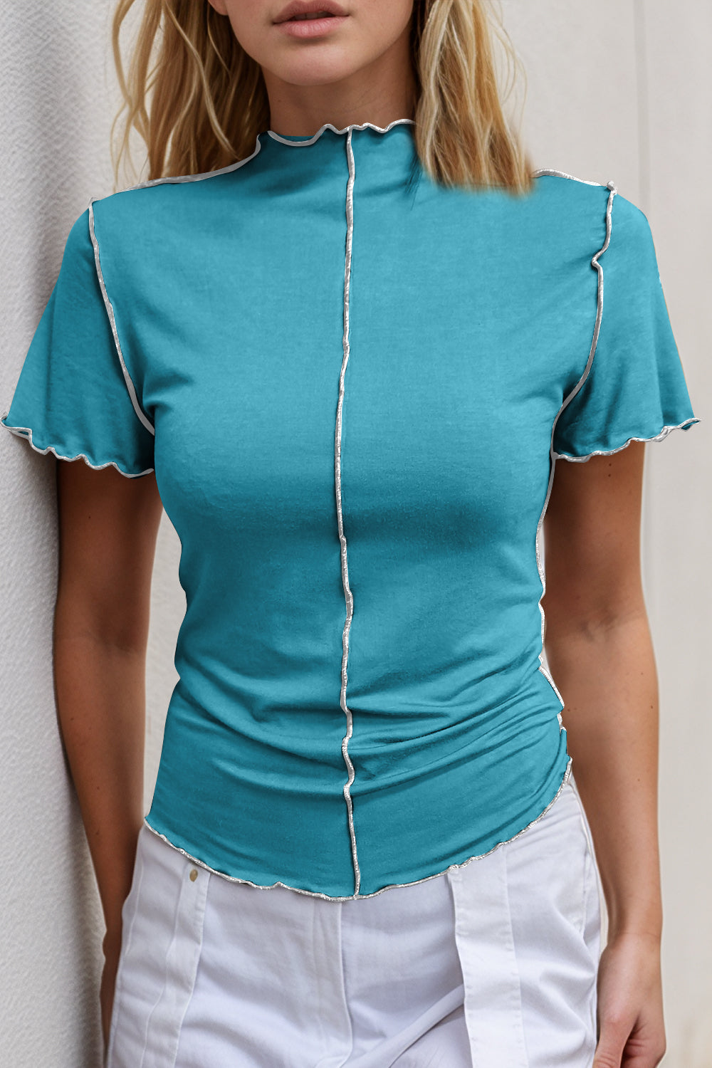 Basic Bae Contrast Trim Mock Neck Short Sleeve T-Shirt-Angel Casuals