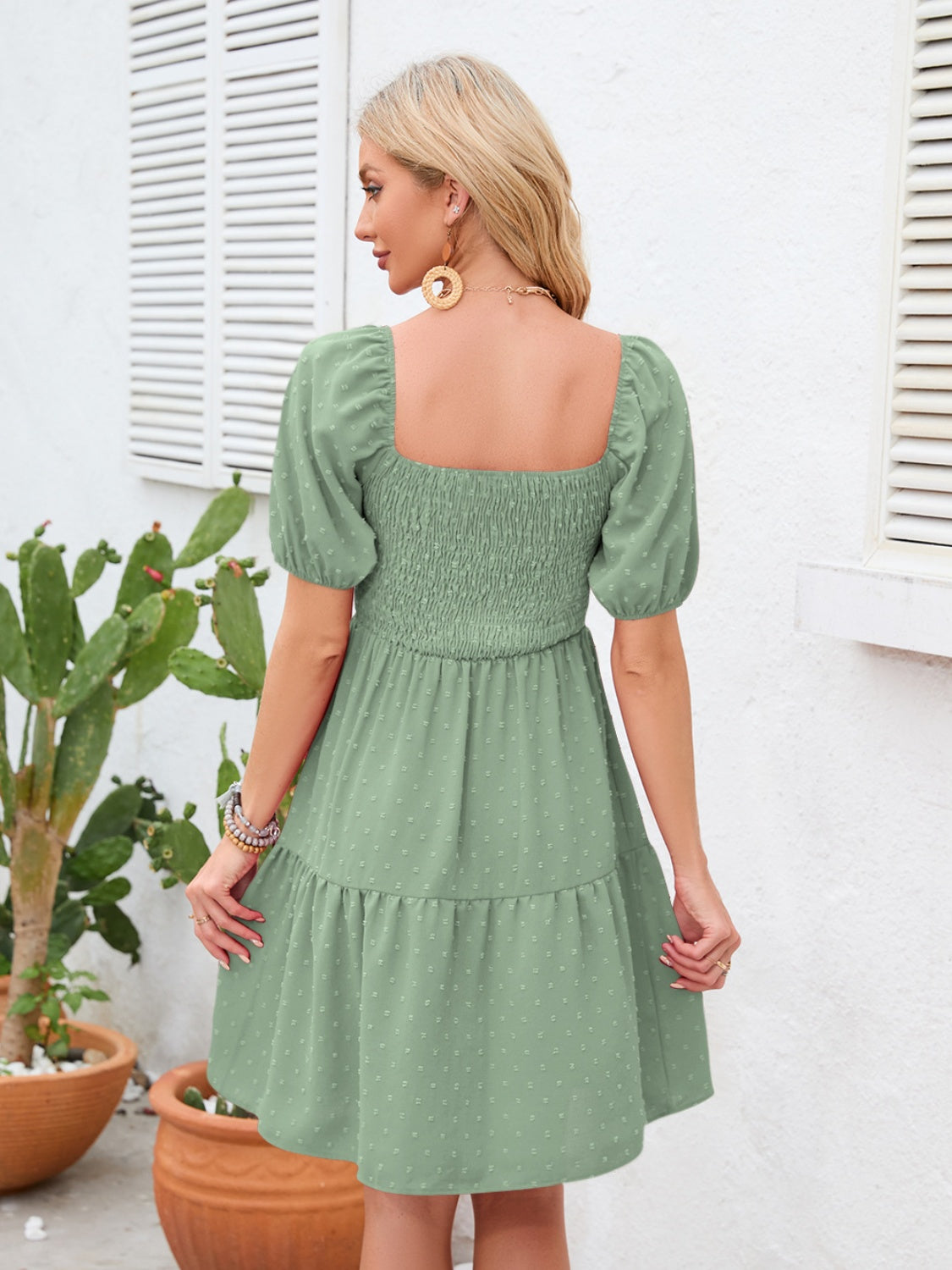 Swiss Dot Smocked Square Neck Dress-Angel Casuals