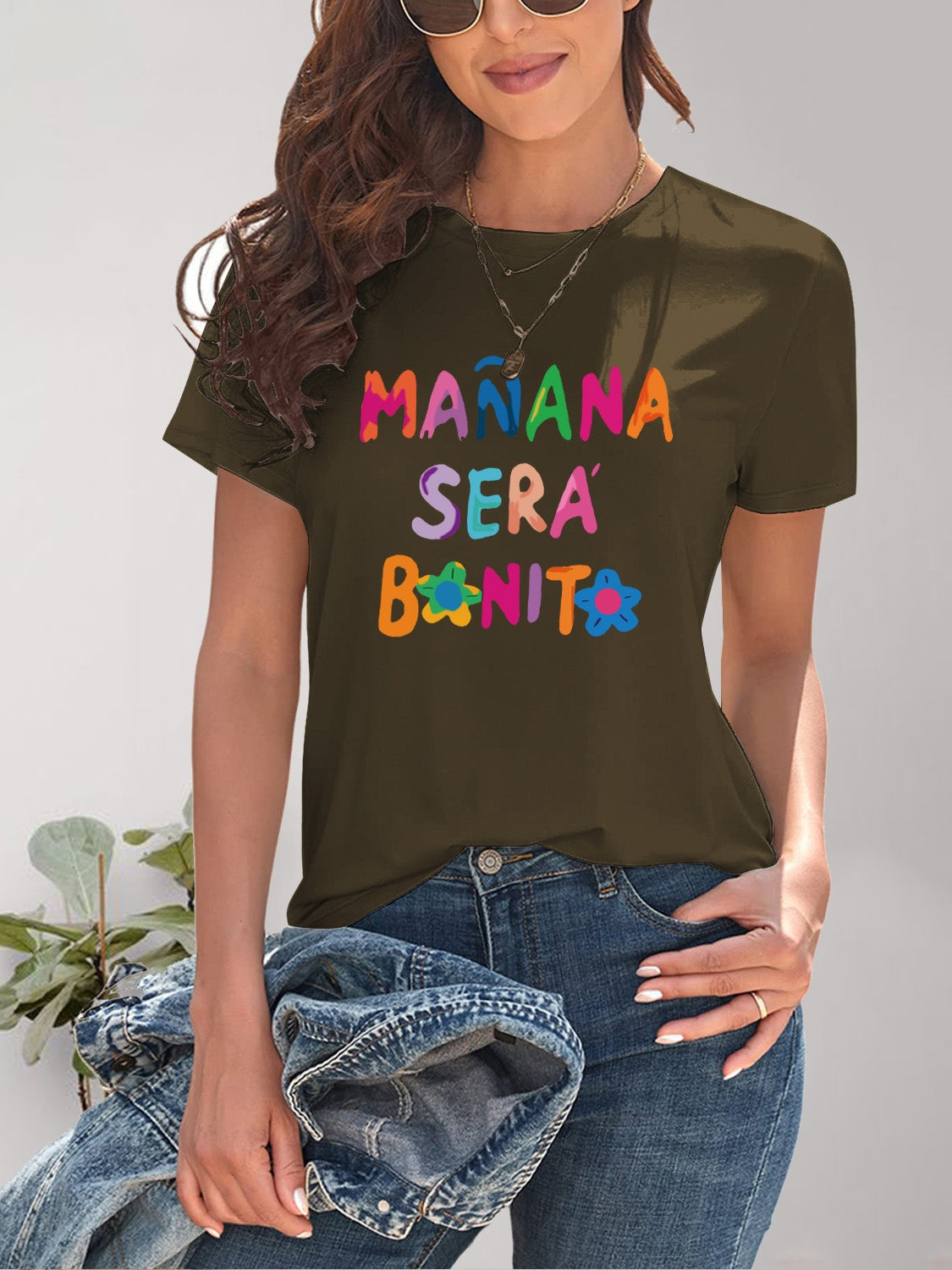 Letter Graphic Round Neck Short Sleeve T-Shirt-Angel Casuals