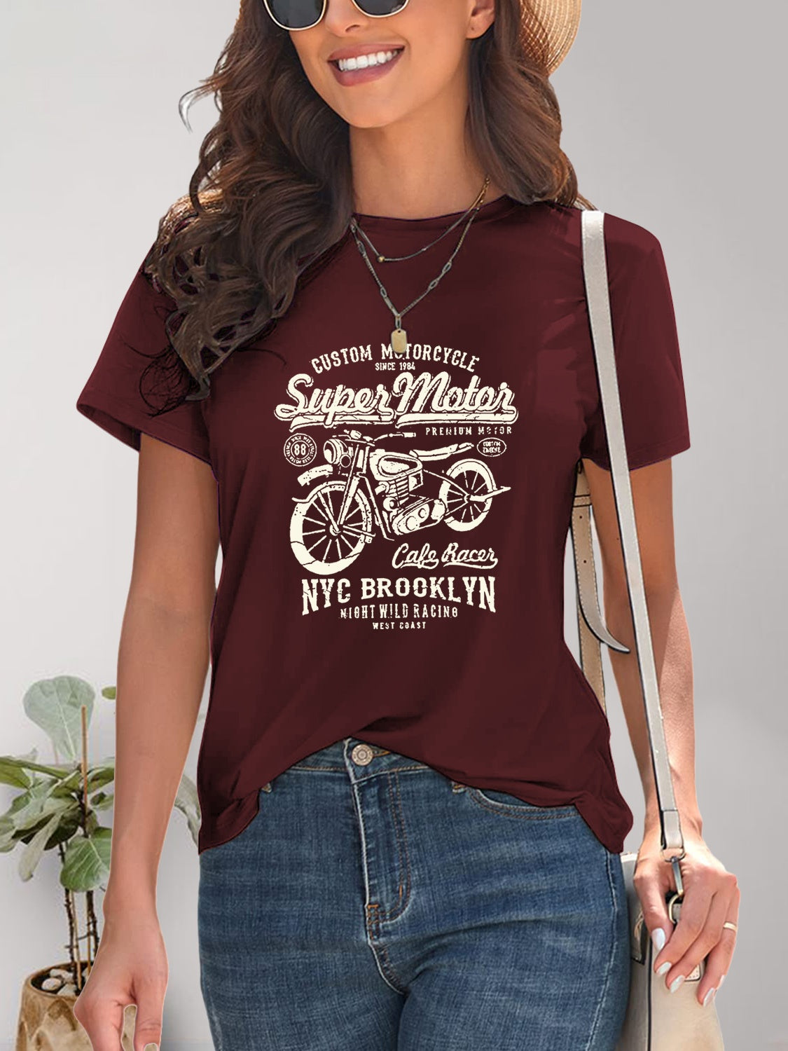 Motorcycle Graphic Round Neck T-Shirt-Angel Casuals