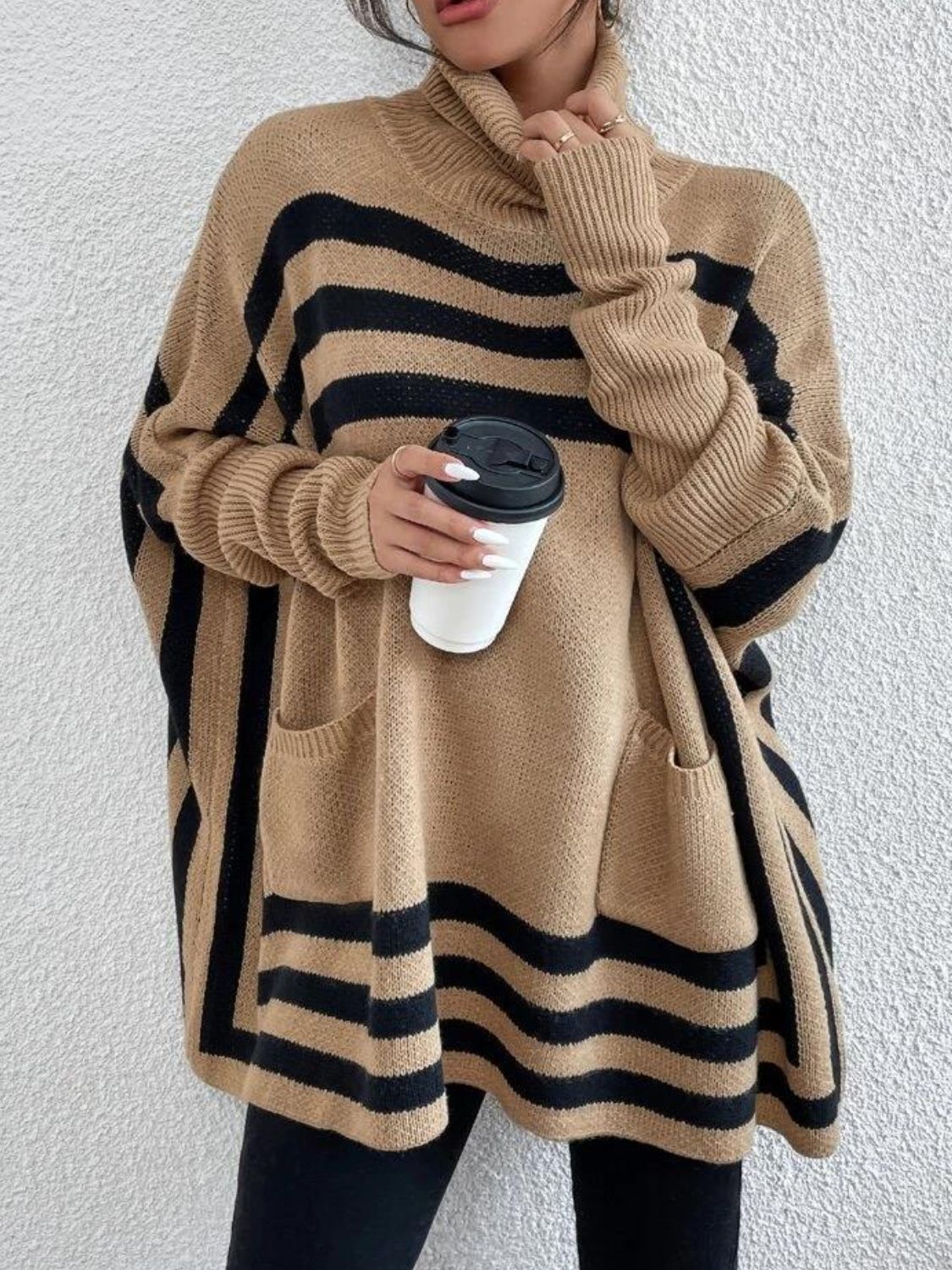 Striped Turtleneck Batwing Sleeve Sweater with Pockets-Angel Casuals