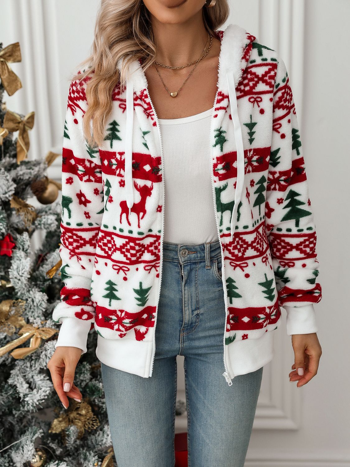Drawstring Christmas Element Zip Up Hooded Jacket-Angel Casuals