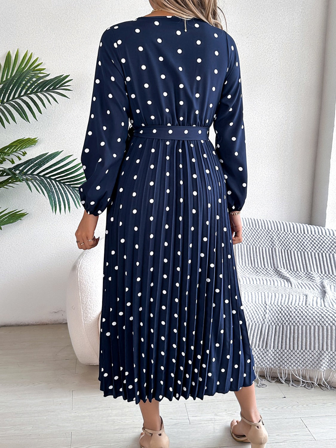 Tied Polka Dot Long Sleeve Midi Dress-Angel Casuals