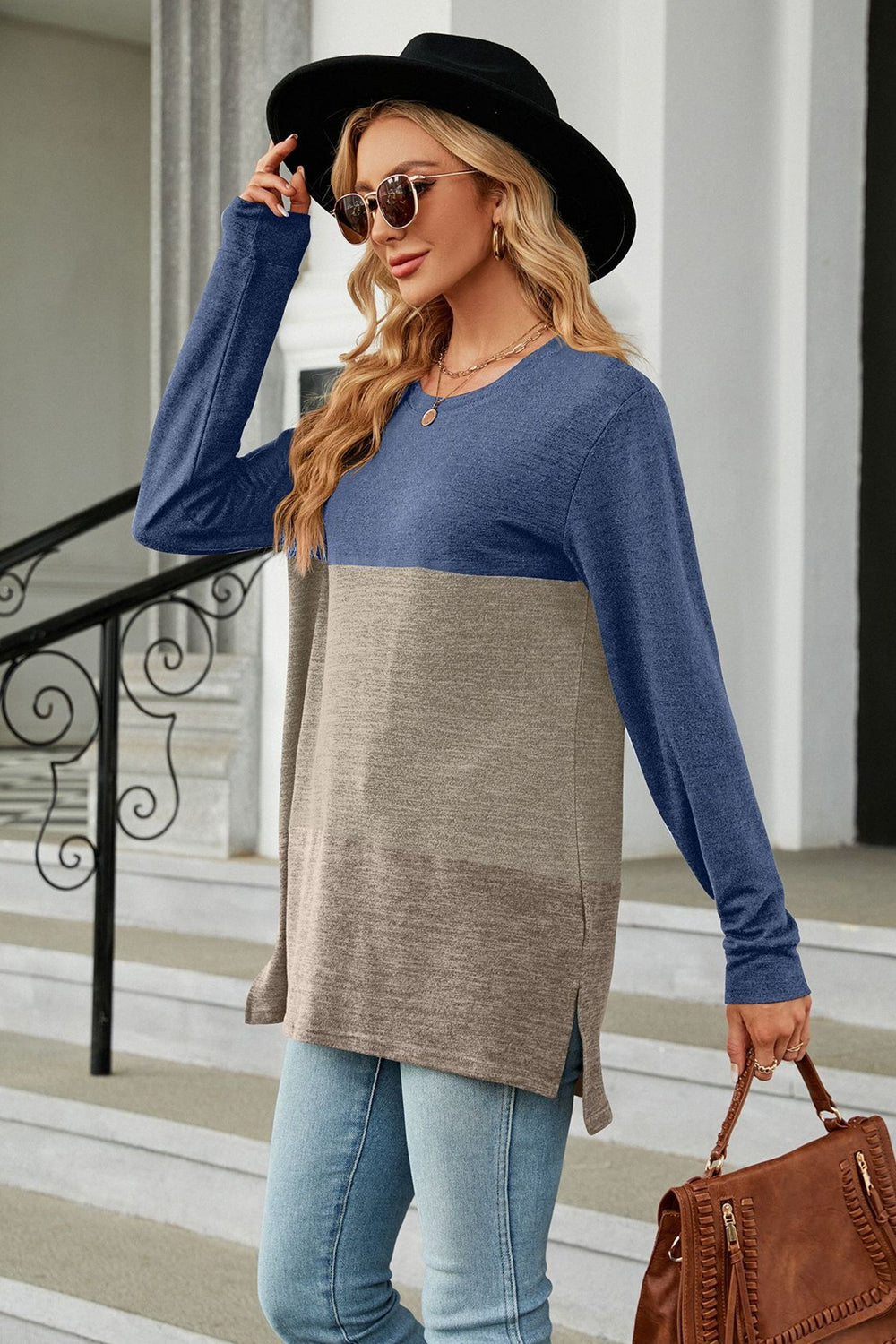 Color Block Round Neck Long Sleeve Slit T-Shirt-Angel Casuals