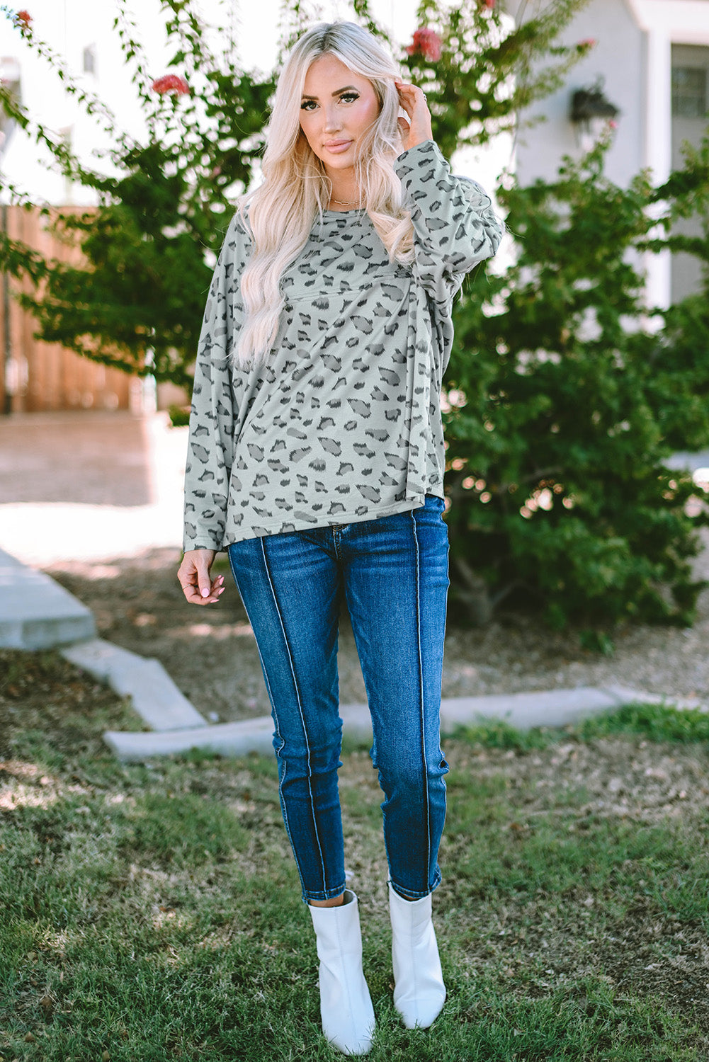 Leopard Round Neck Long Sleeve T-Shirt-Angel Casuals