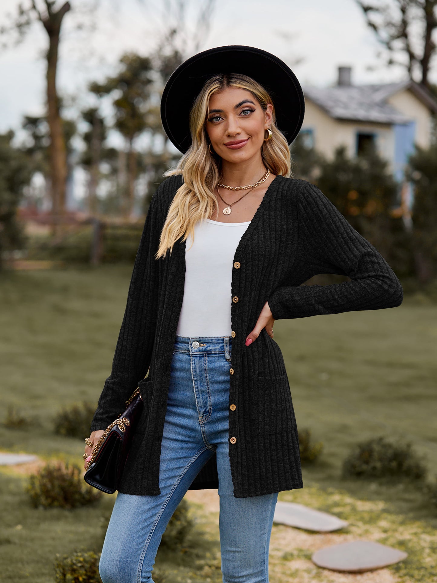 Ribbed Button-Up Cardigan with Pockets-Angel Casuals