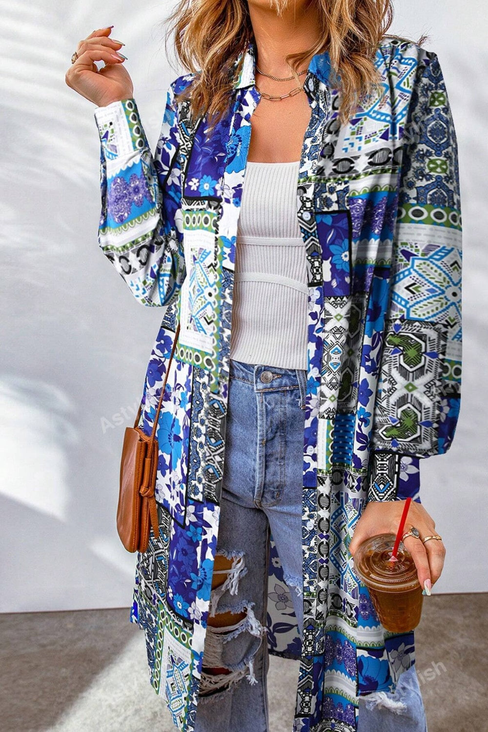 Printed Button Up Long Sleeve Cardigan-Angel Casuals