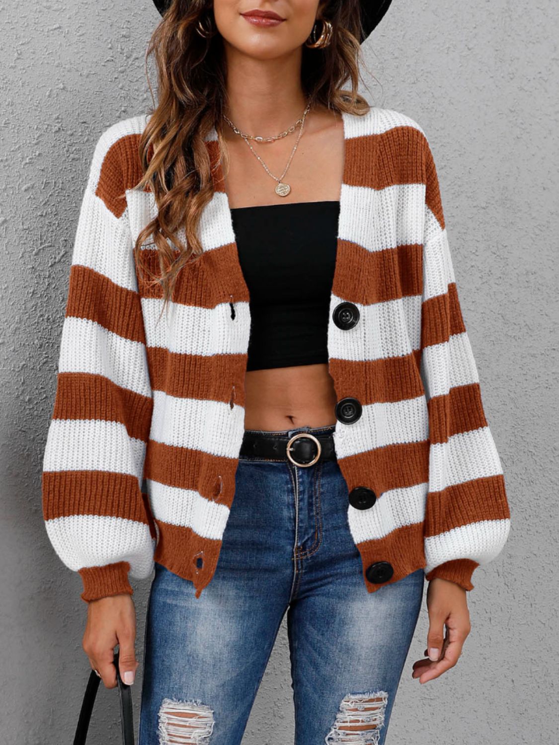 Striped Button Up Long Sleeve Sweater-Angel Casuals