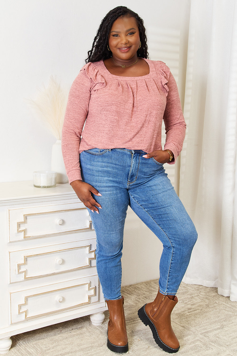 Double Take Square Neck Ruffle Shoulder Long Sleeve T-Shirt-Angel Casuals