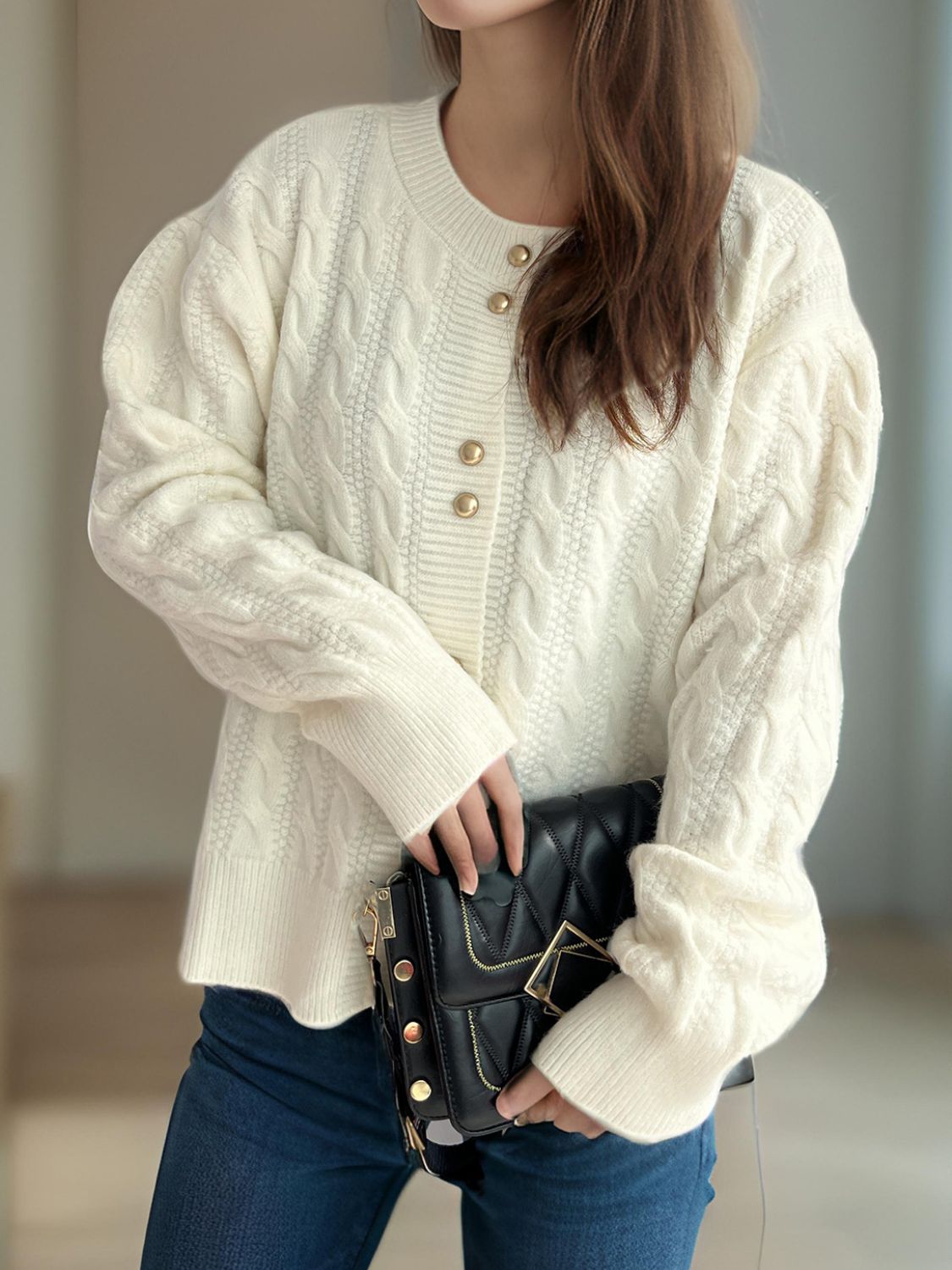 Cable-Knit Round Neck Long Sleeve Cardigan-Angel Casuals
