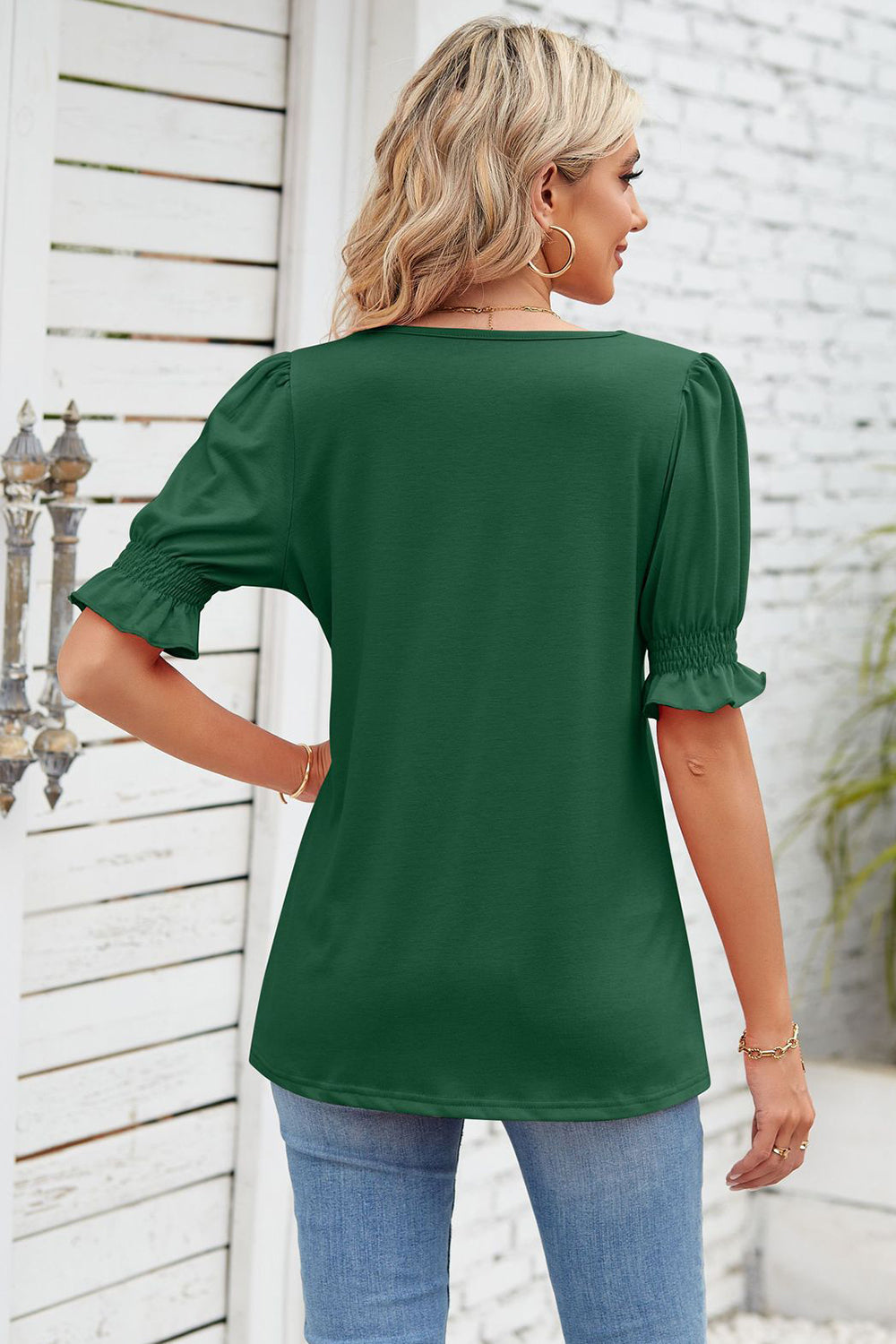 Smocked Square Neck Short Sleeve T-Shirt-Angel Casuals