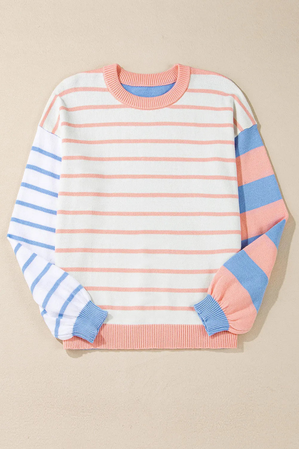 Contrast Striped Round Neck Long Sleeve Sweater-Angel Casuals