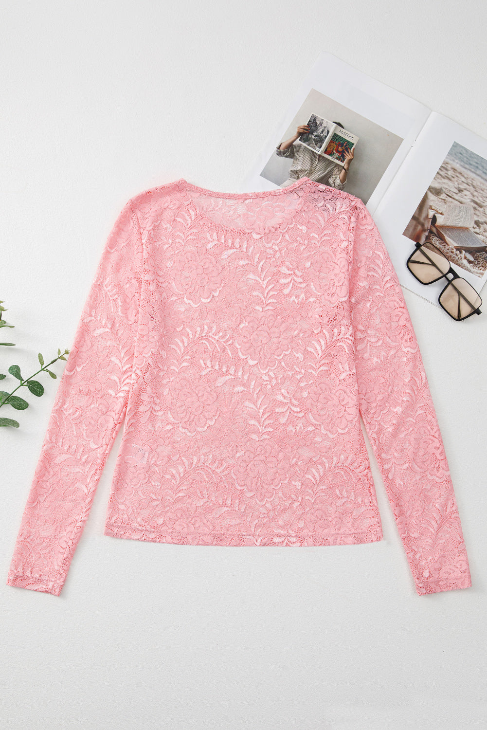 Lace Flower Round Neck Long Sleeve Top-Angel Casuals
